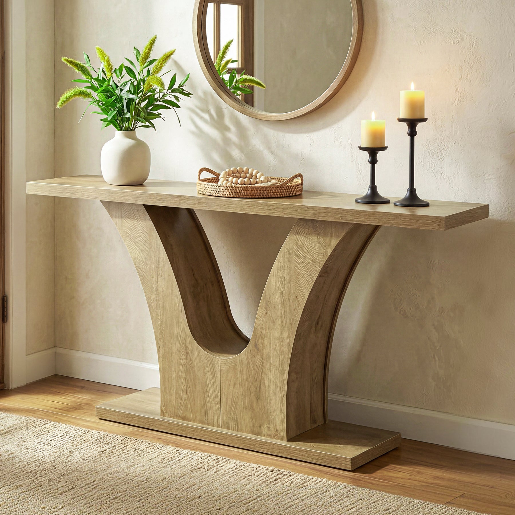 63" Farmhouse Console Table with 2-Tier Storage, Narrow Sofa Table with Curved U-Shape Base