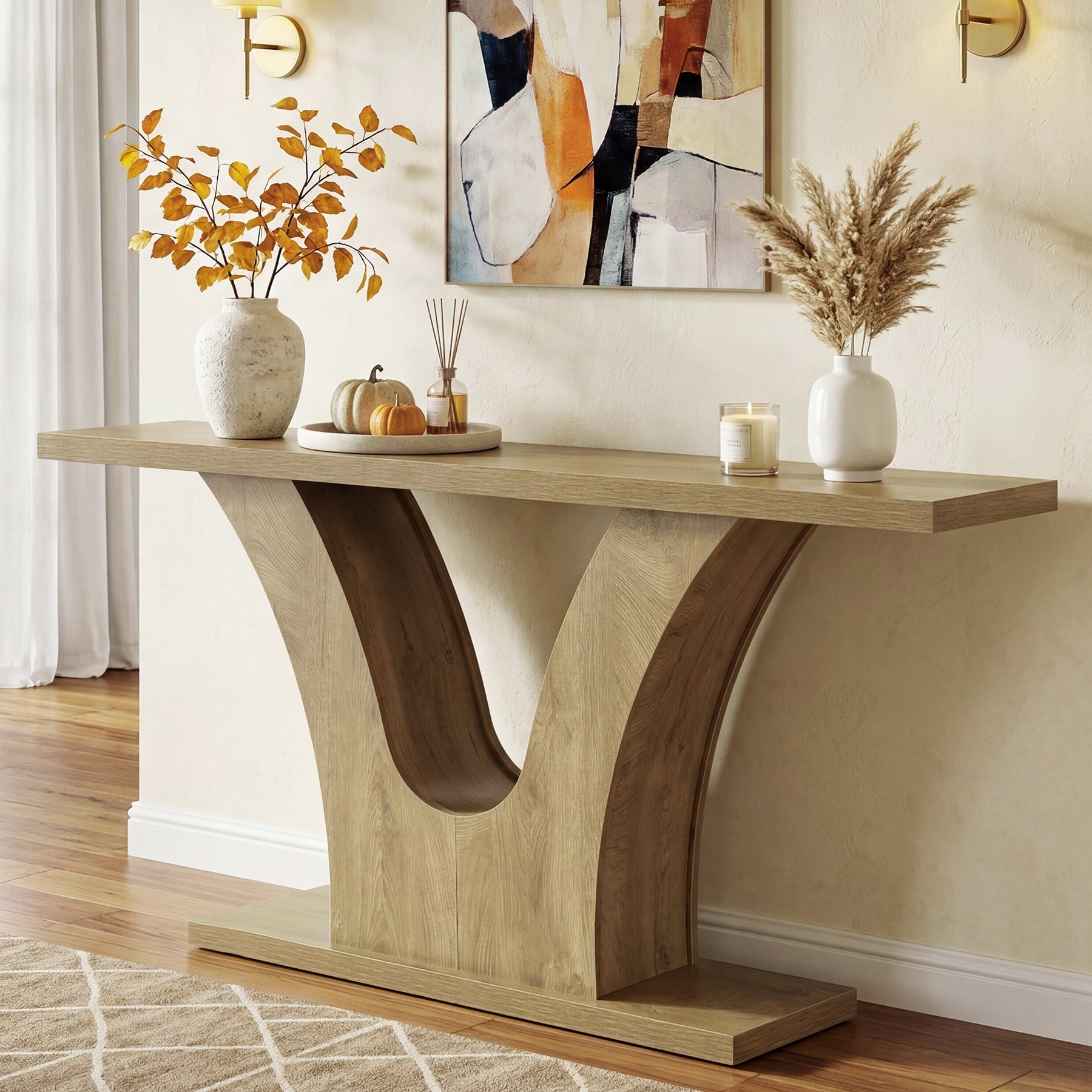 63" Farmhouse Console Table with 2-Tier Storage, Narrow Sofa Table with Curved U-Shape Base