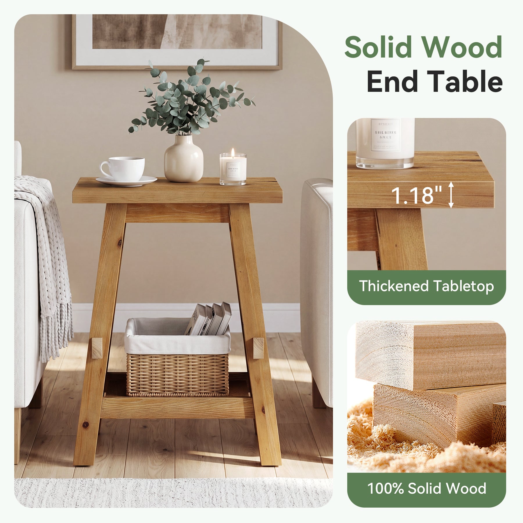 Solid Wood End Table with Storage Shelf, Farmhouse Square Side Table for Small Spaces