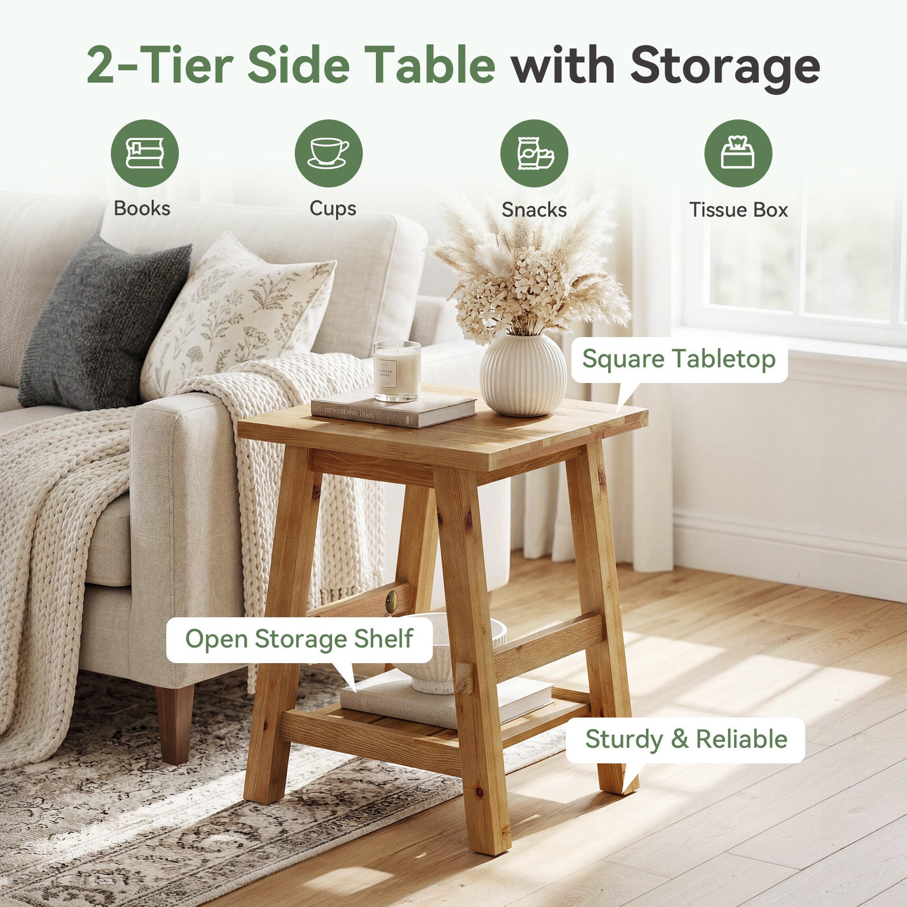 Solid Wood End Table with Storage Shelf, Farmhouse Square Side Table for Small Spaces