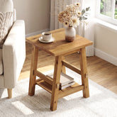 Solid Wood End Table with Storage Shelf, Farmhouse Square Side Table for Small Spaces 3