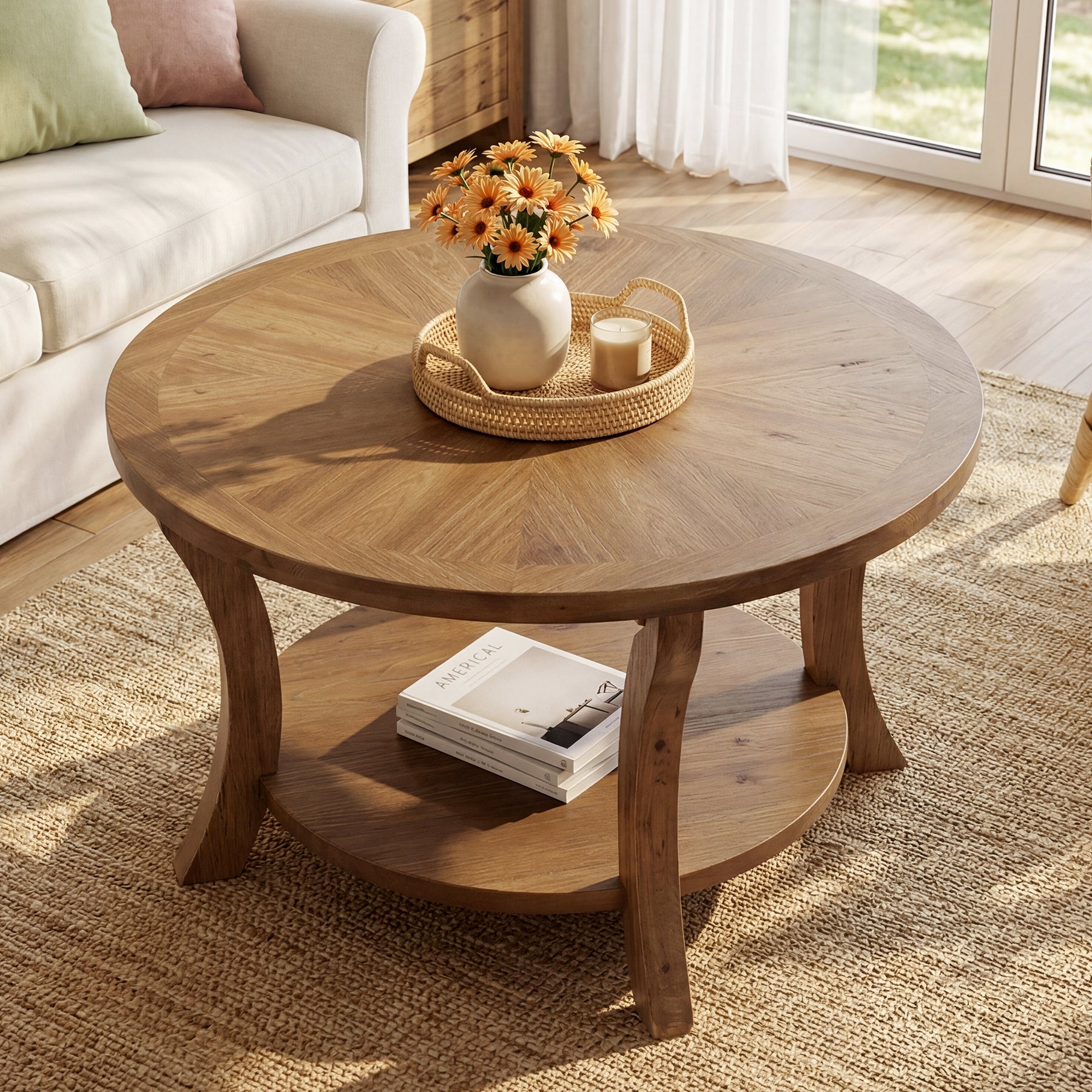 31.5" Round Coffee Table with Storage Shelf, Farmhouse Wooden Center Table for Living Room