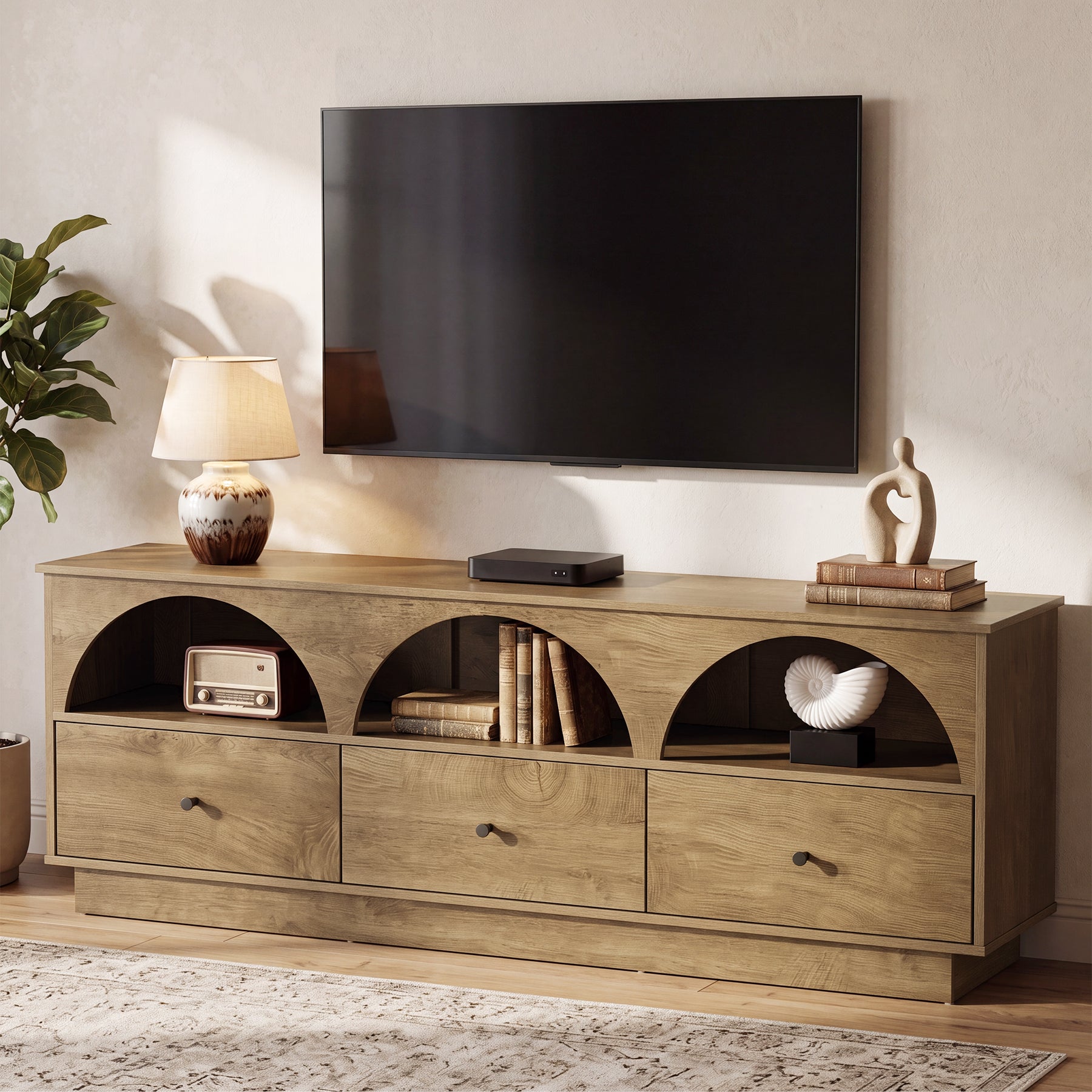 63" TV Stand with Arched Open Shelves & 3 Drawers for TVs up to 65"