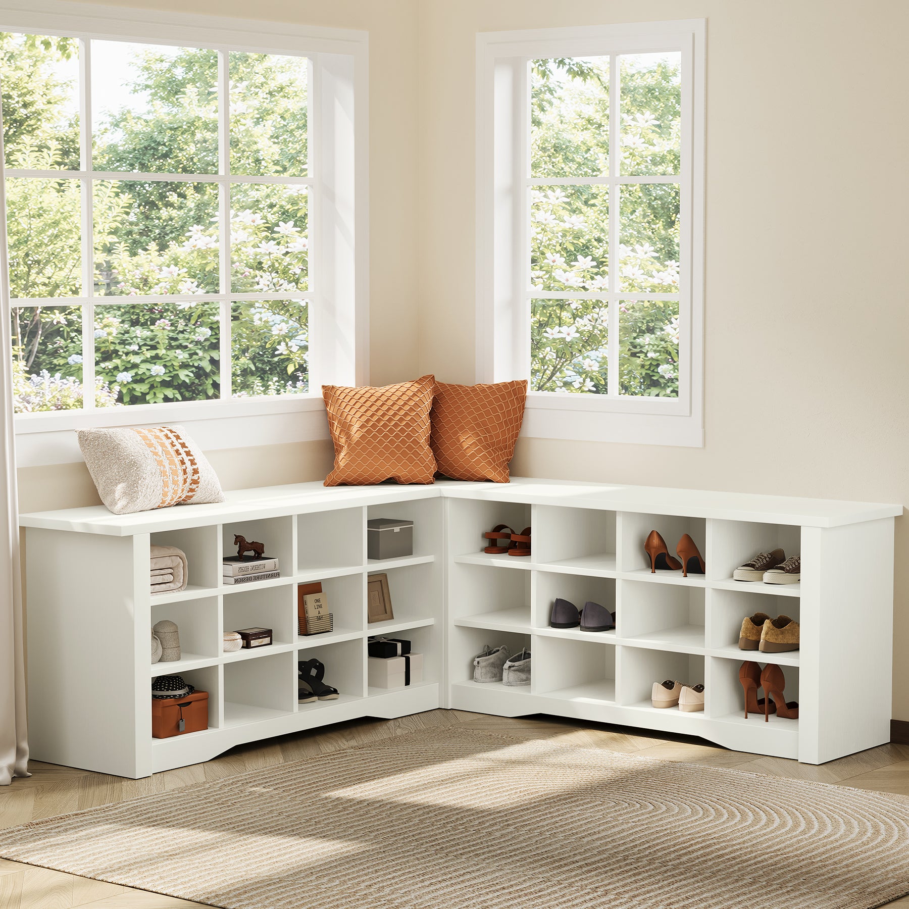 L-Shaped Shoe Rack Bench with Storage, Corner Bench with Open Cubbies for Entryway