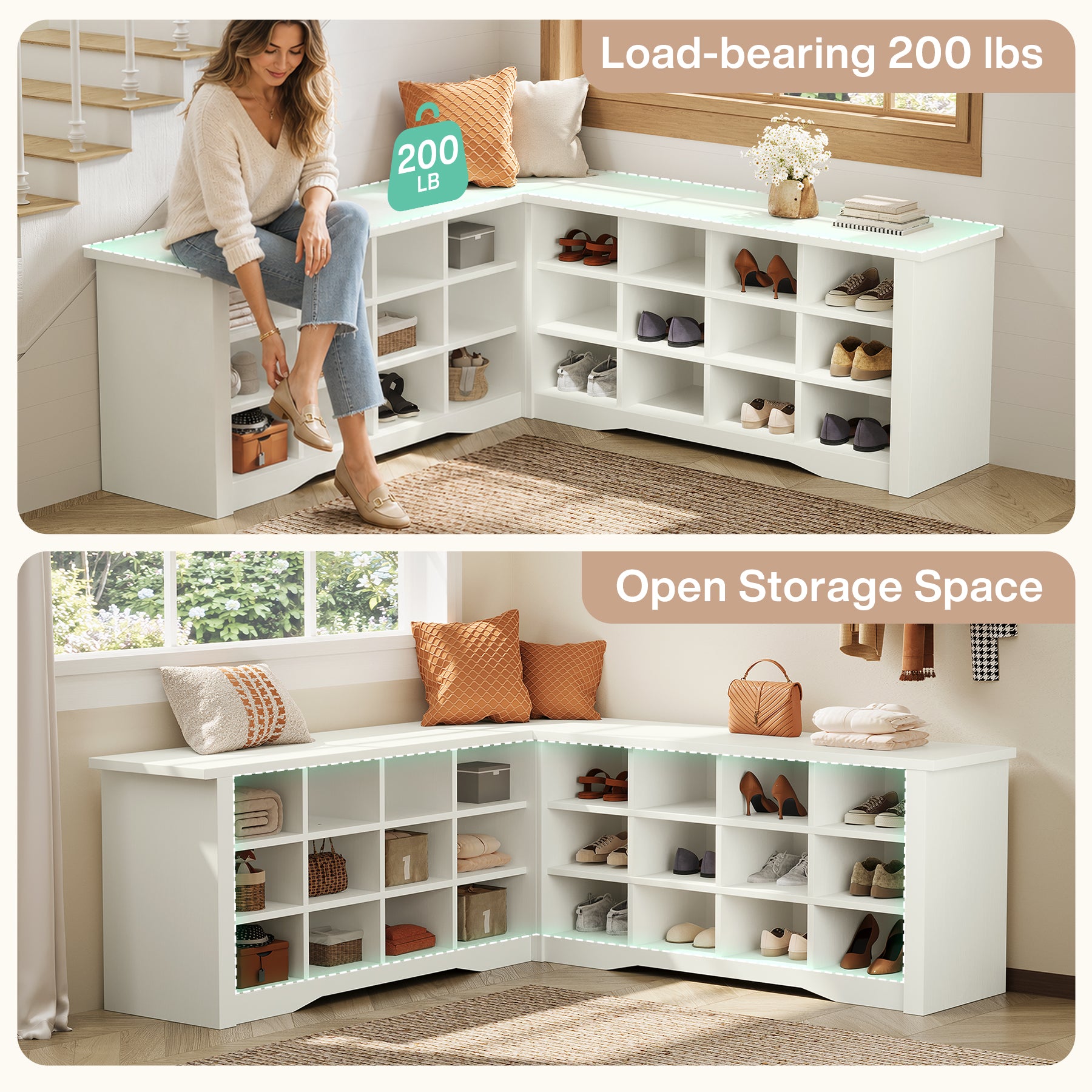 L-Shaped Shoe Rack Bench with Storage, Corner Bench with Open Cubbies for Entryway