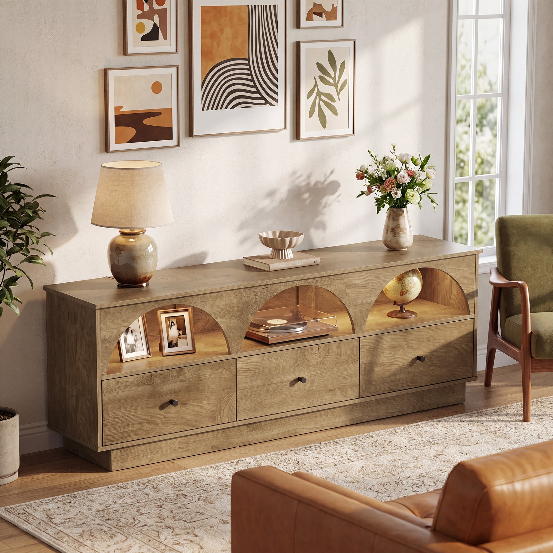 63" TV Stand with Arched Open Shelves & 3 Drawers for TVs up to 65"