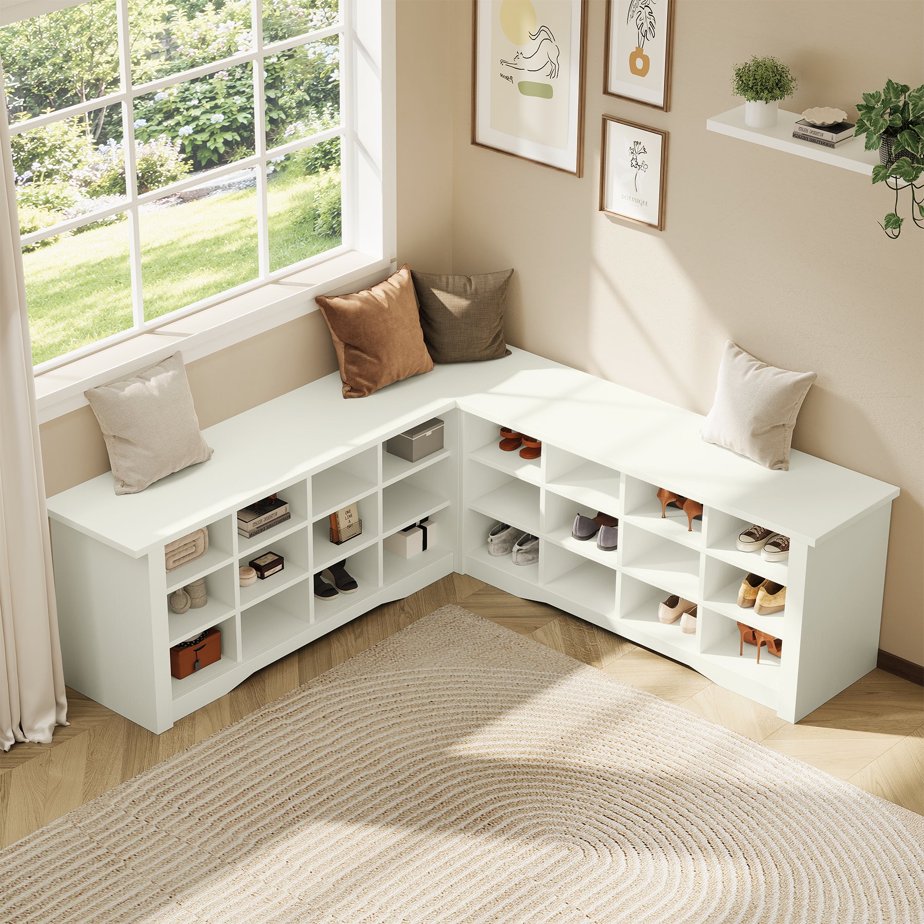L-Shaped Shoe Rack Bench with Storage, Corner Bench with Open Cubbies for Entryway