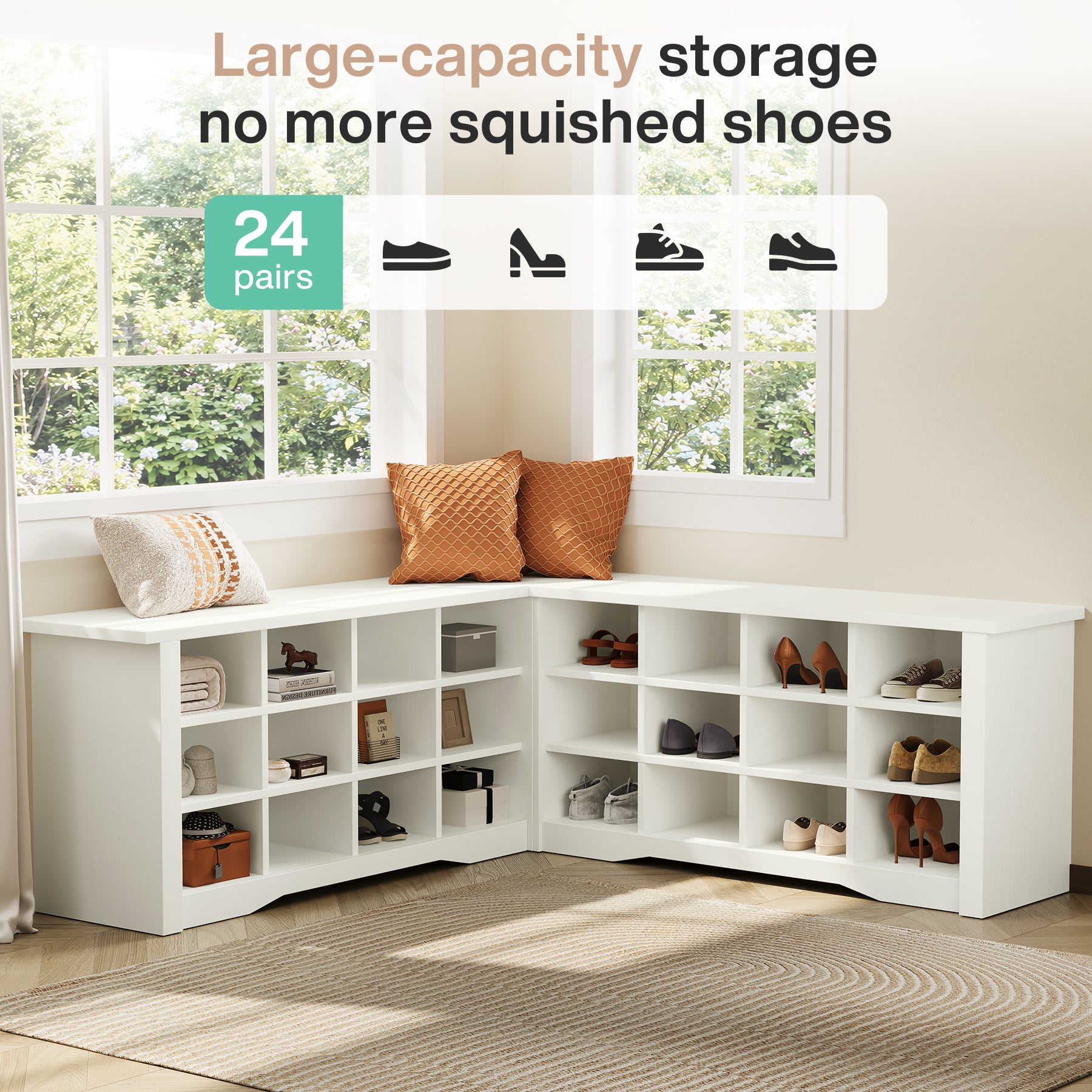 L-Shaped Shoe Rack Bench with Storage, Corner Bench with Open Cubbies for Entryway
