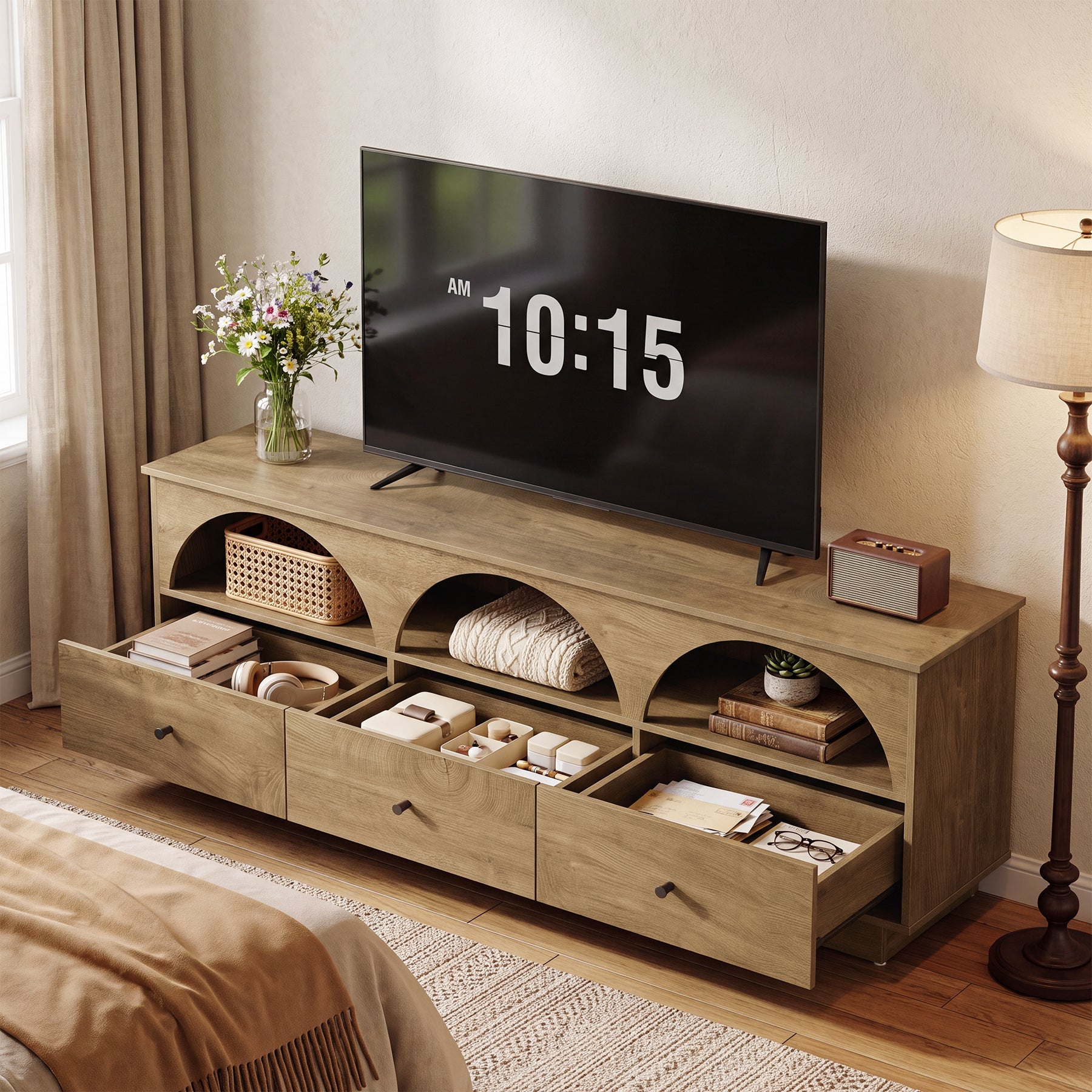 63" TV Stand with Arched Open Shelves & 3 Drawers for TVs up to 65"