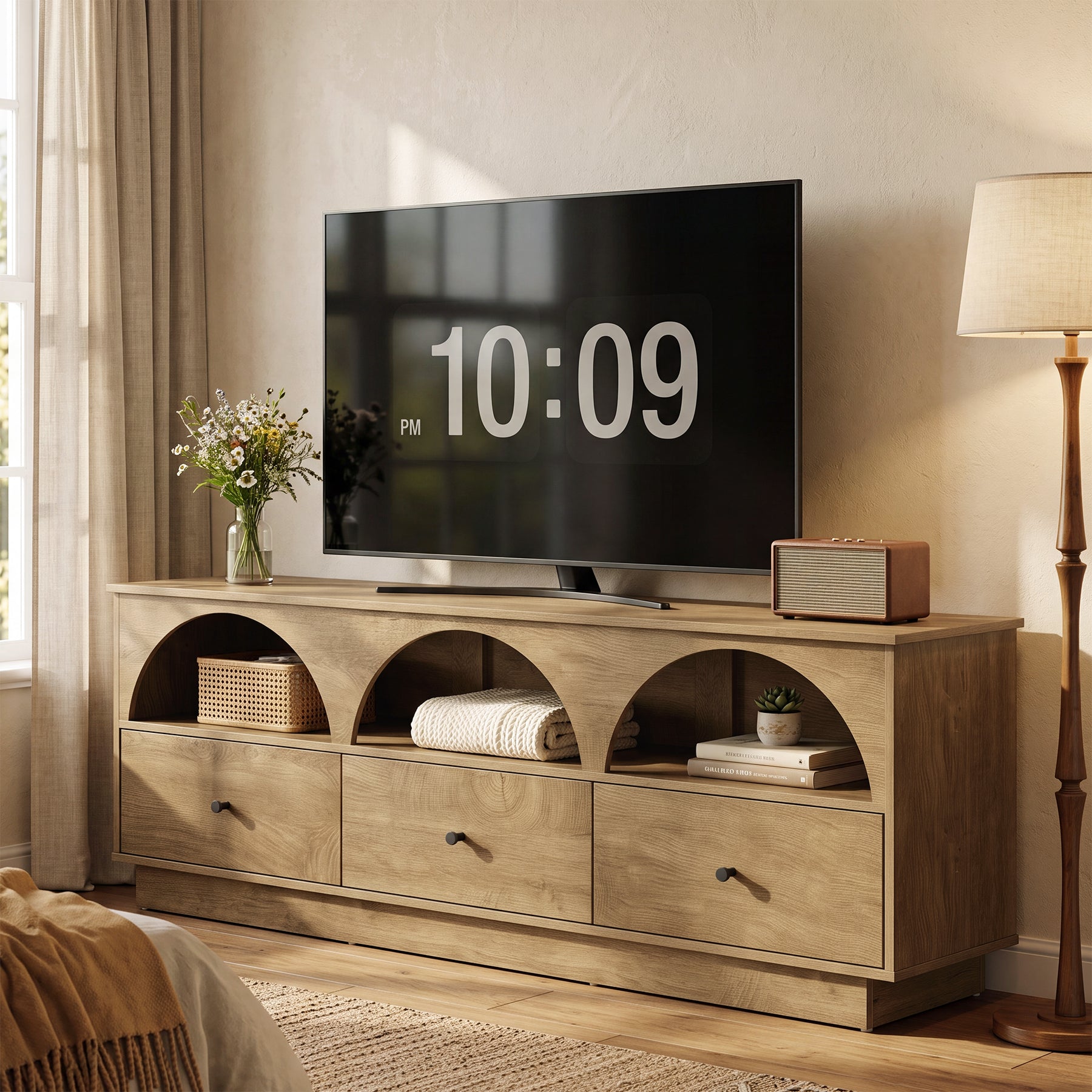 63" TV Stand with Arched Open Shelves & 3 Drawers for TVs up to 65"