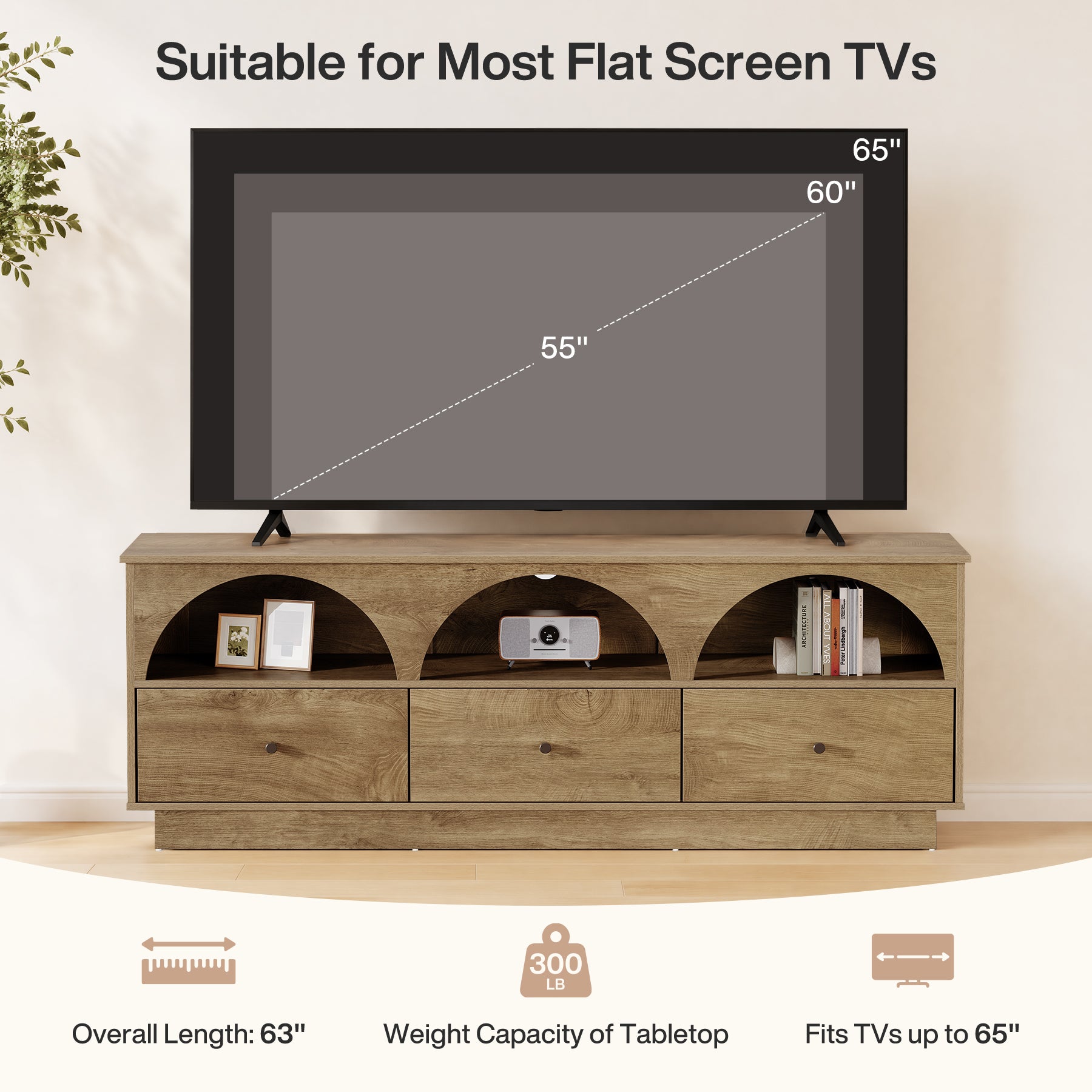 63" TV Stand with Arched Open Shelves & 3 Drawers for TVs up to 65"