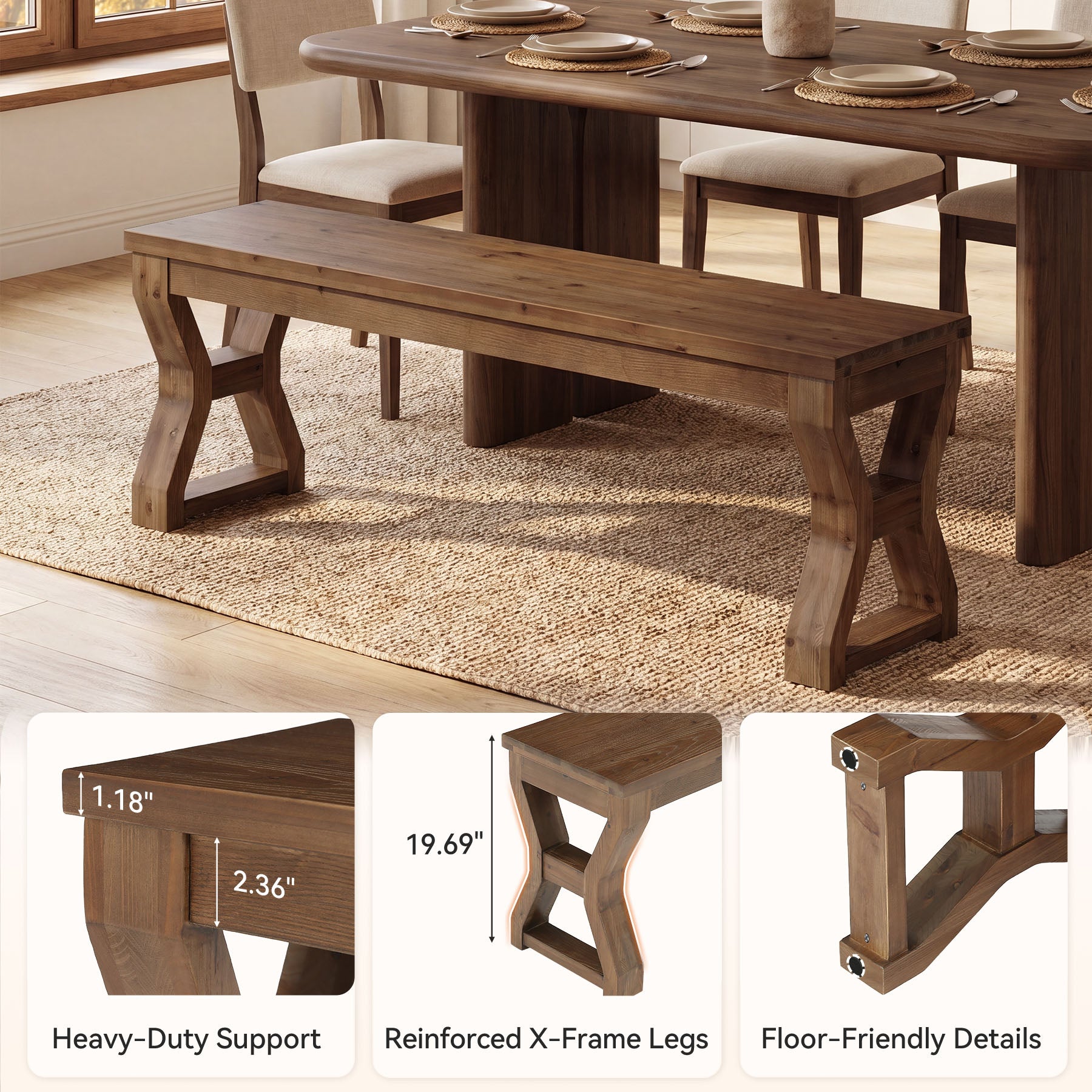 55" Wood Dining Bench, Narrow Kitchen Bench Seat with Sturdy X-Cross Legs