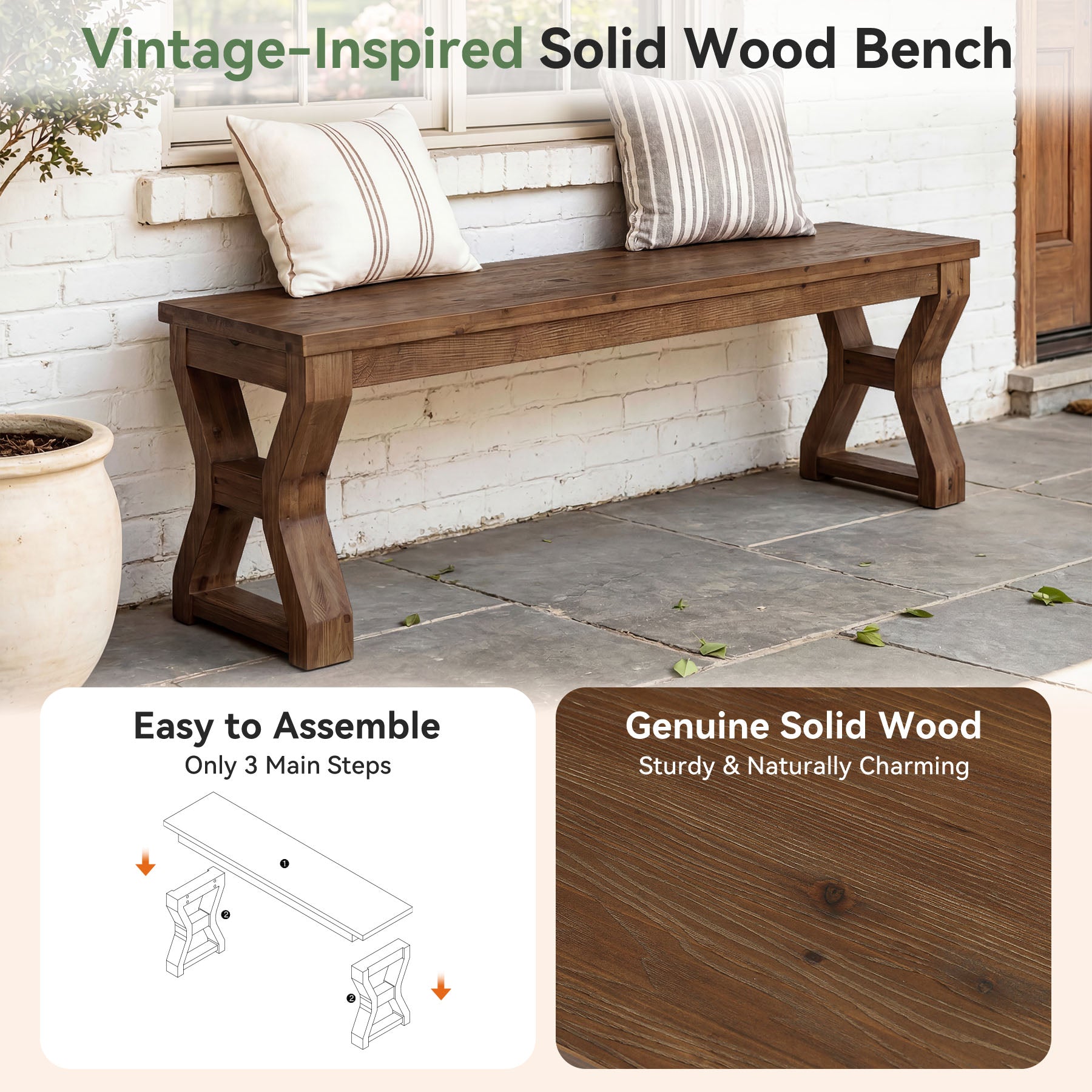 55" Solid Wood Entryway Bench, Farmhouse Shoe Bench with X-Cross Legs