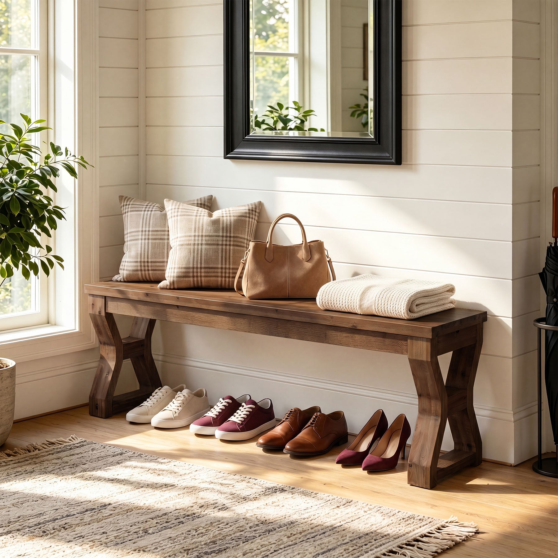 55" Solid Wood Entryway Bench, Farmhouse Shoe Bench with X-Cross Legs