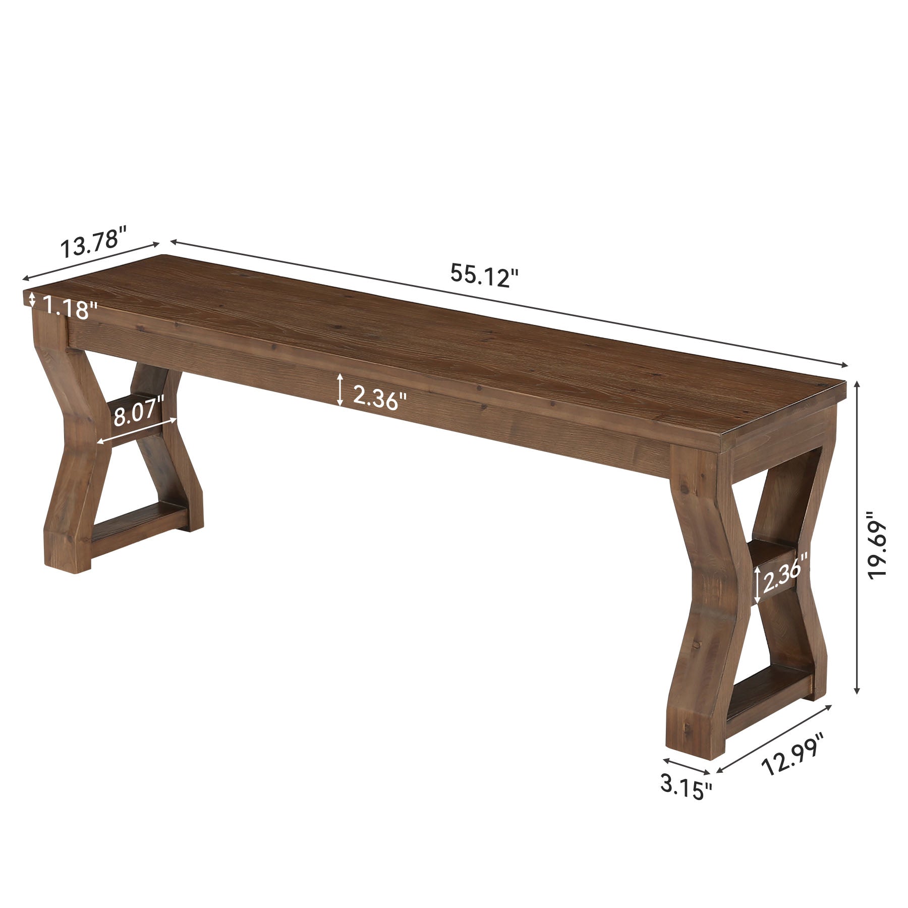 55" Solid Wood Entryway Bench, Farmhouse Shoe Bench with X-Cross Legs