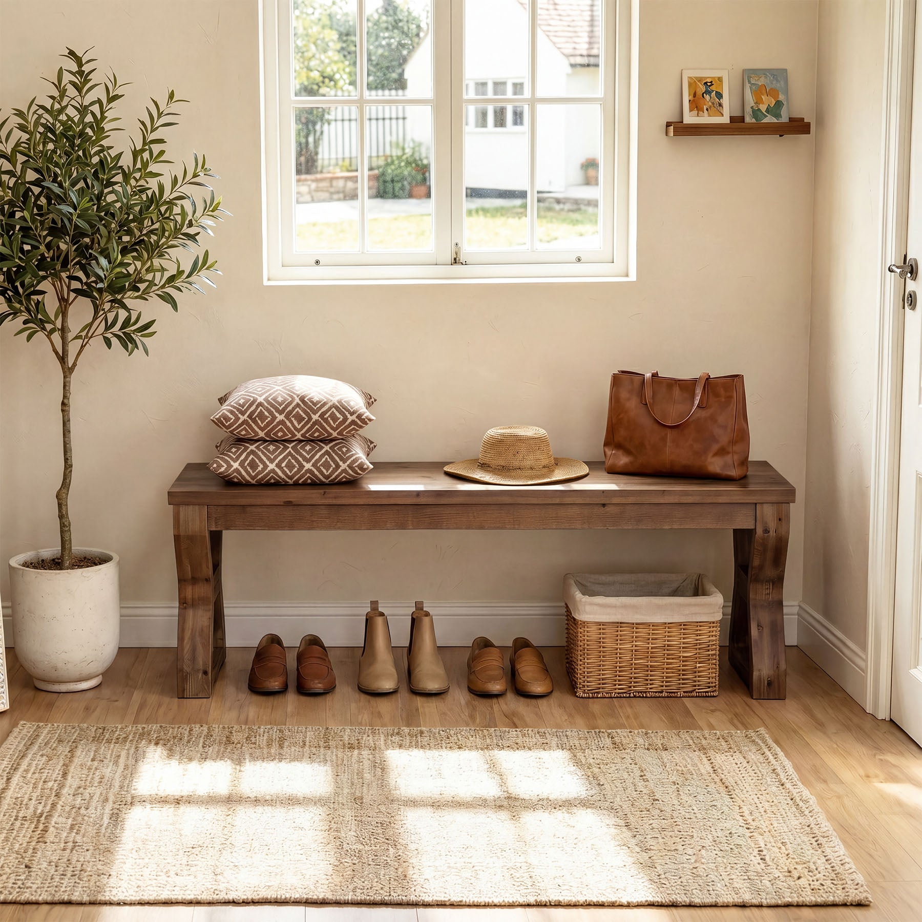 55" Solid Wood Entryway Bench, Farmhouse Shoe Bench with X-Cross Legs