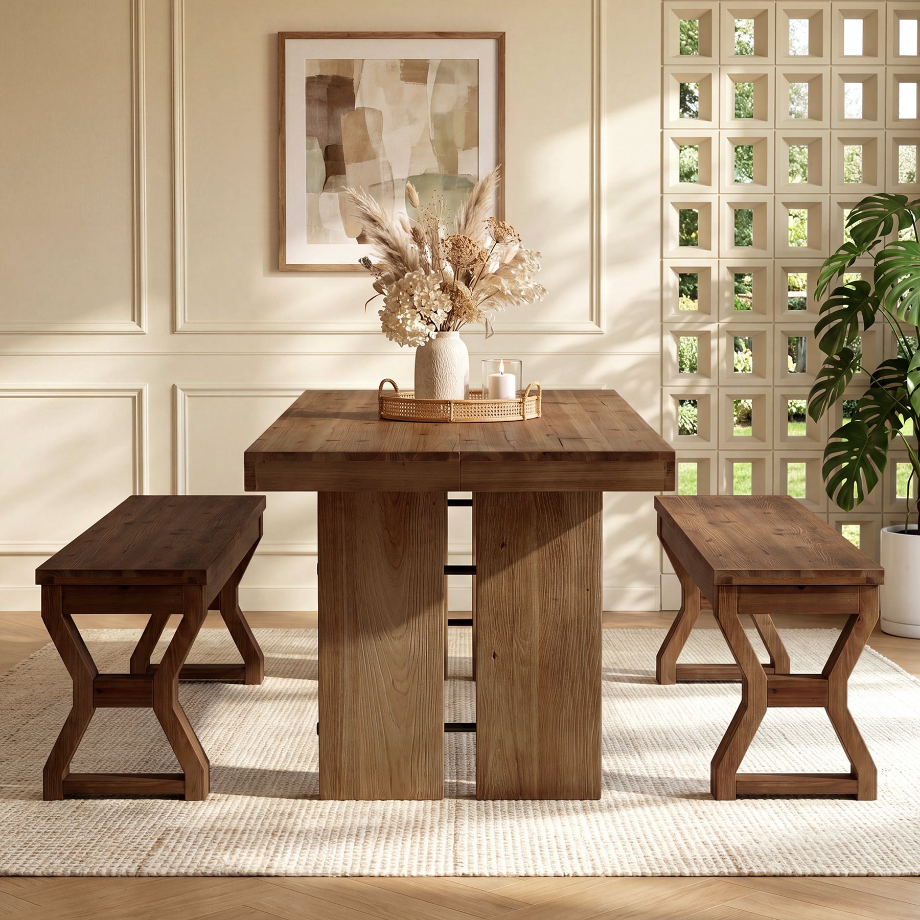 55" Wood Dining Bench, Narrow Kitchen Bench Seat with Sturdy X-Cross Legs