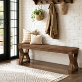 55" Solid Wood Entryway Bench, Farmhouse Shoe Bench with X-Cross Legs 3