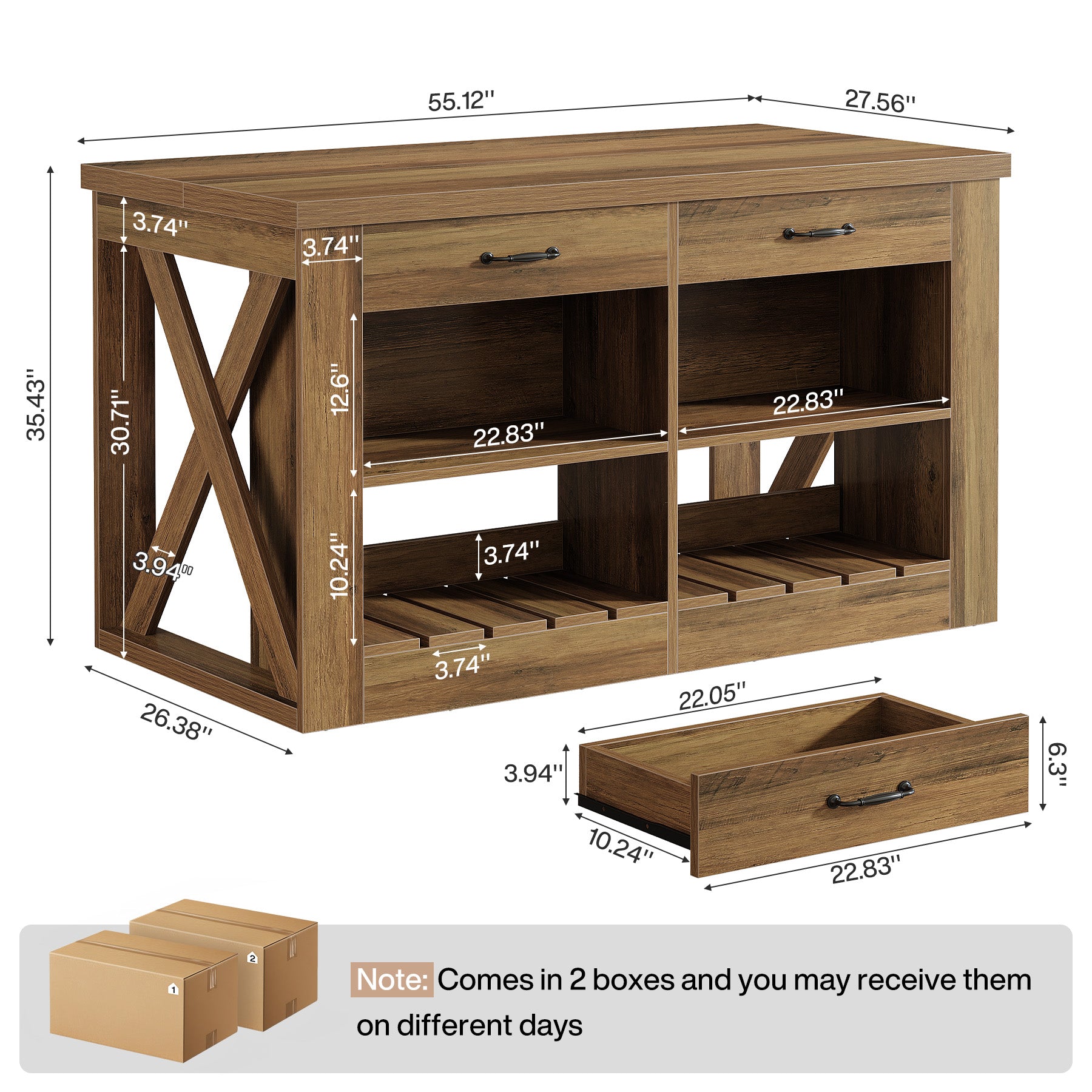 55" Kitchen Island, Wooden Bar Table with 2 Drawers and Open Shelf