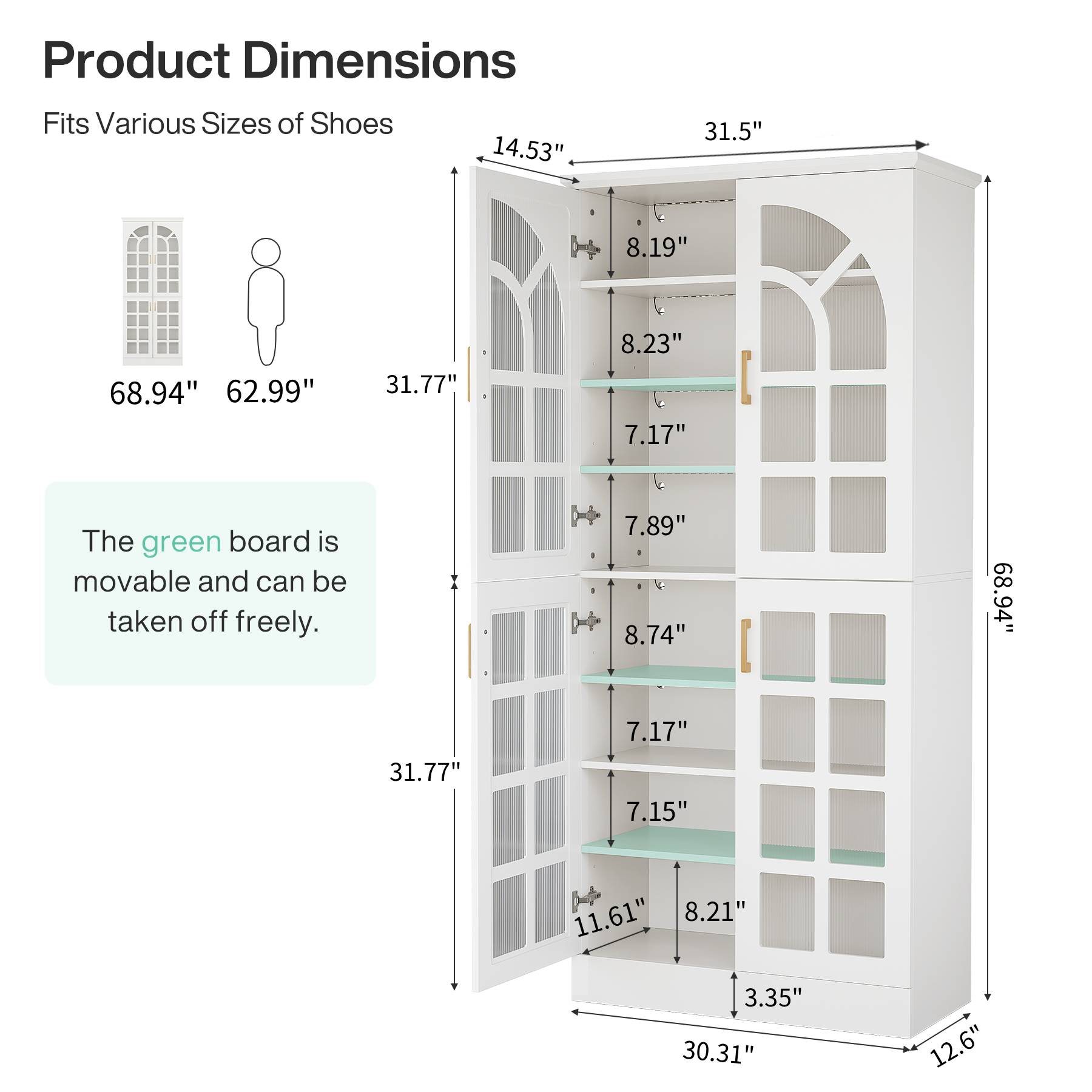 69" Storage Cabinet, Modern Bookcase with Doors and LED Lights