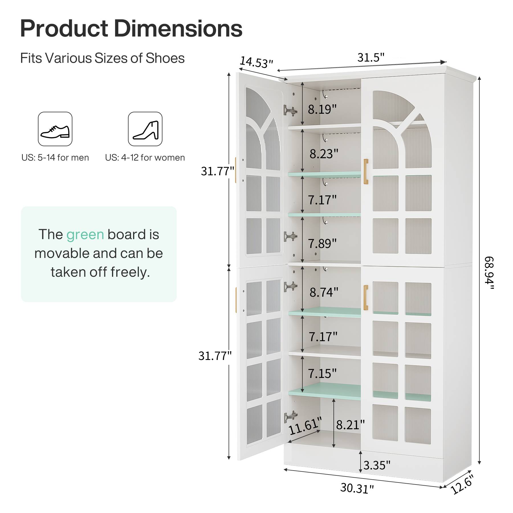 69" Shoe Cabinet, 8-Tier Shoe Rack Organizer with Doors and Led Lights
