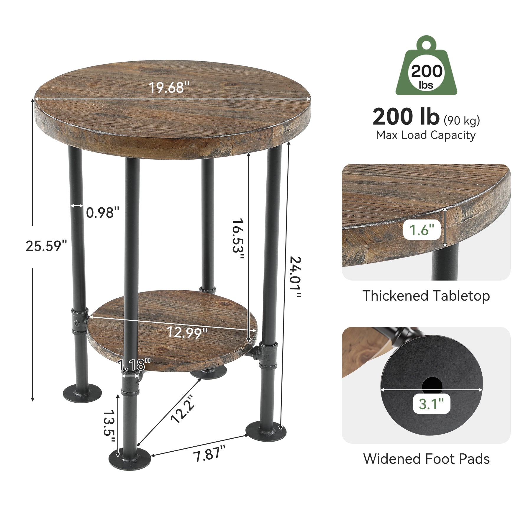 Round End Table, 2-Tier Side Table with Solid Wood Top & Metal Pipe Legs for Living Room