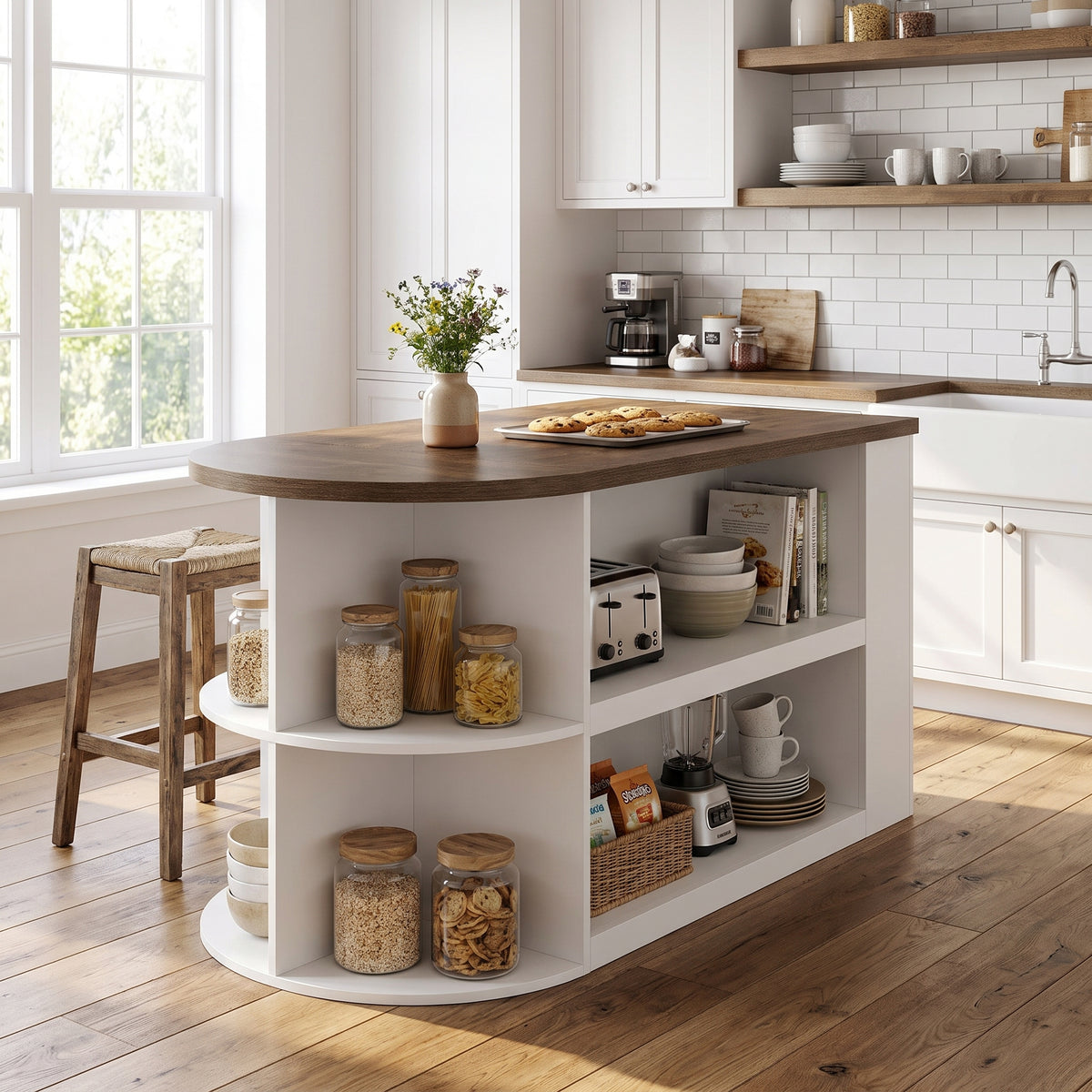 63" Oval Kitchen Island with Storage, Two-Tone Arch Design Bar Table, Prep Table