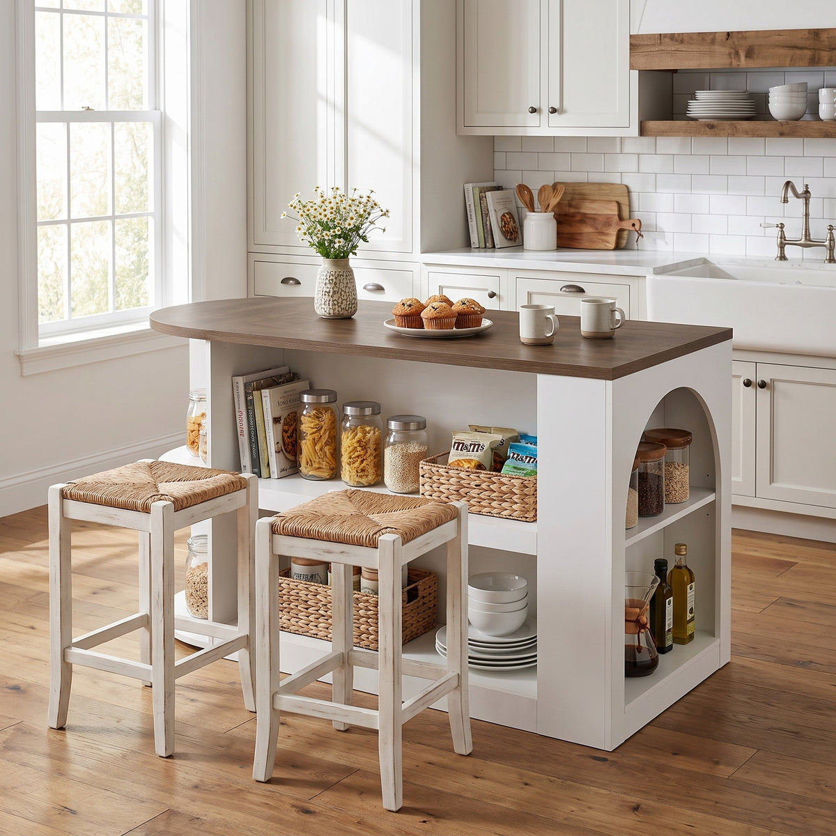 63" Oval Kitchen Island with Storage, Two-Tone Arch Design Bar Table, Prep Table