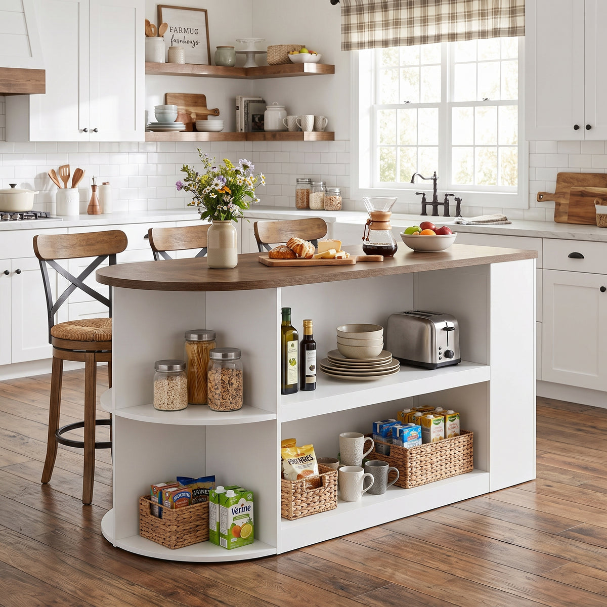 63" Oval Kitchen Island with Storage, Two-Tone Arch Design Bar Table, Prep Table