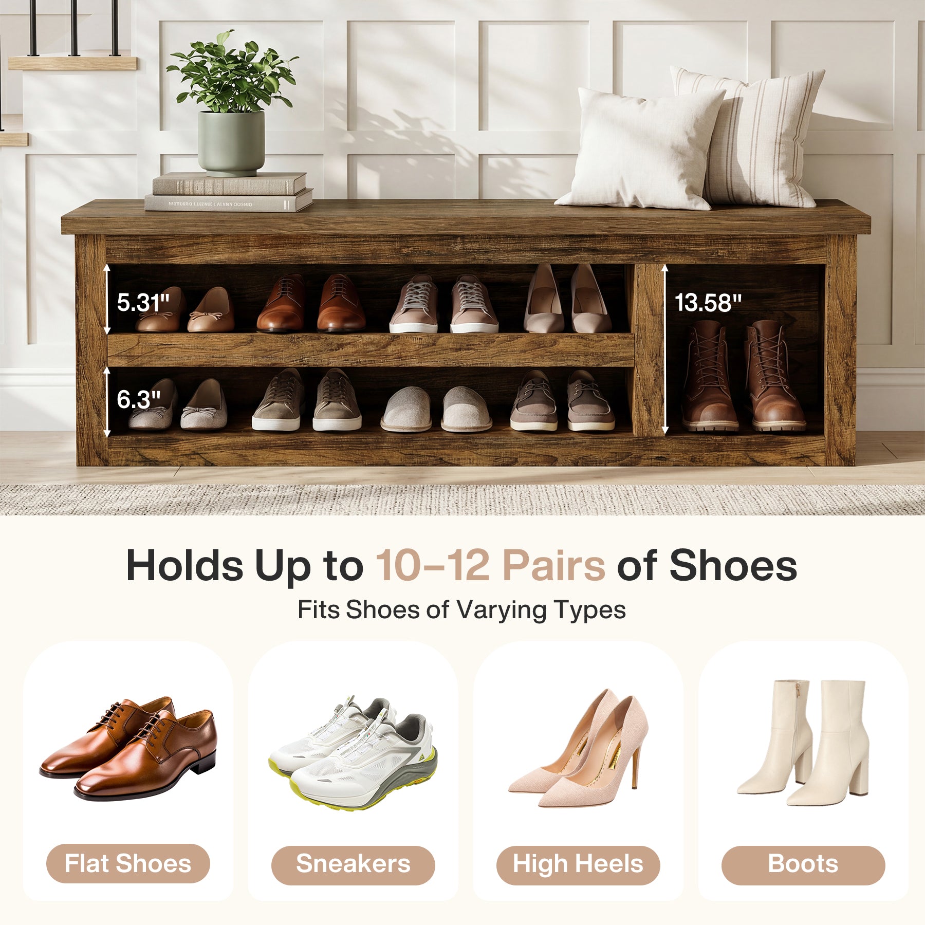 3-Tier Shoe Storage Bench,  63" Farmhouse Entryway Bench with Full Back Panel