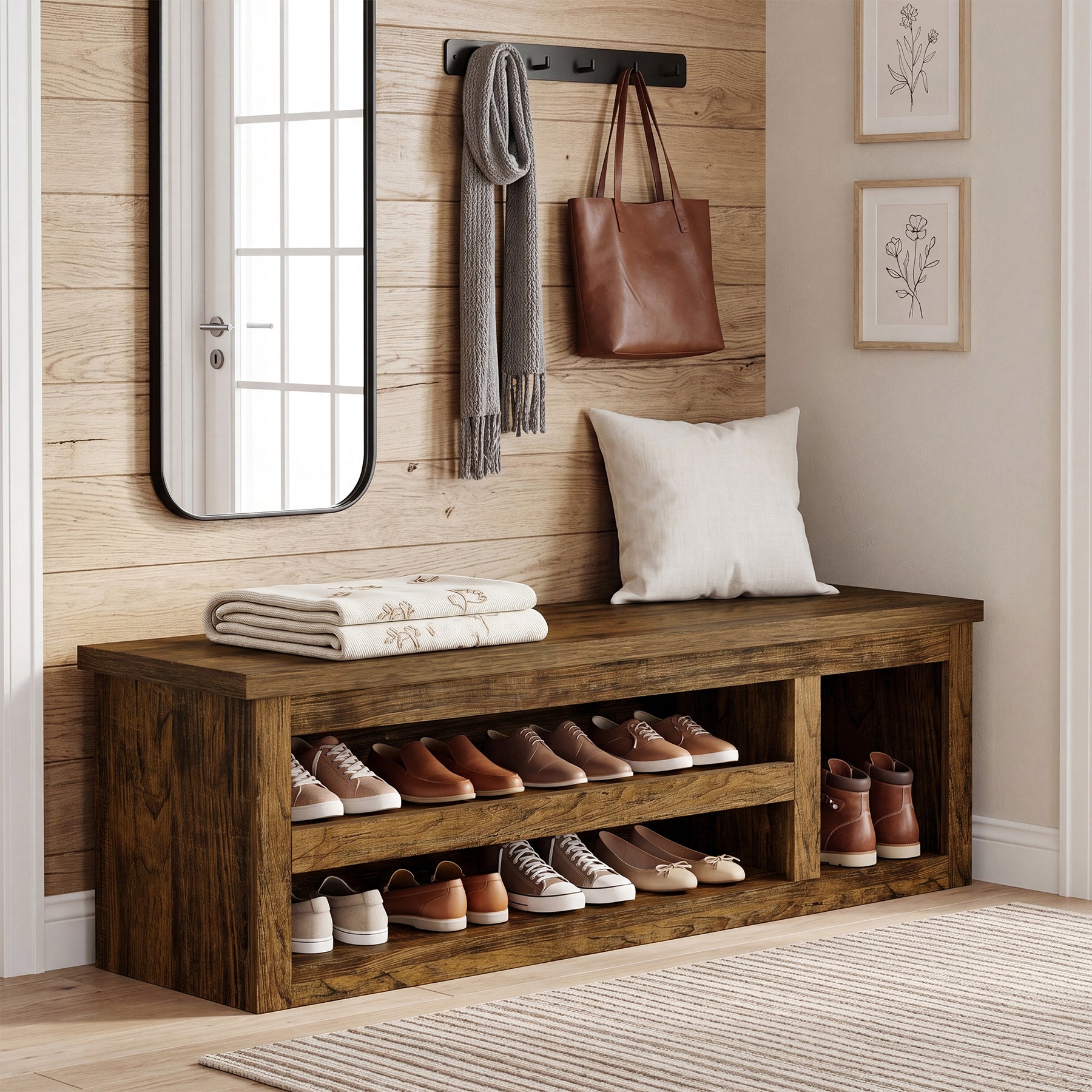 3-Tier Shoe Storage Bench,  63" Farmhouse Entryway Bench with Full Back Panel