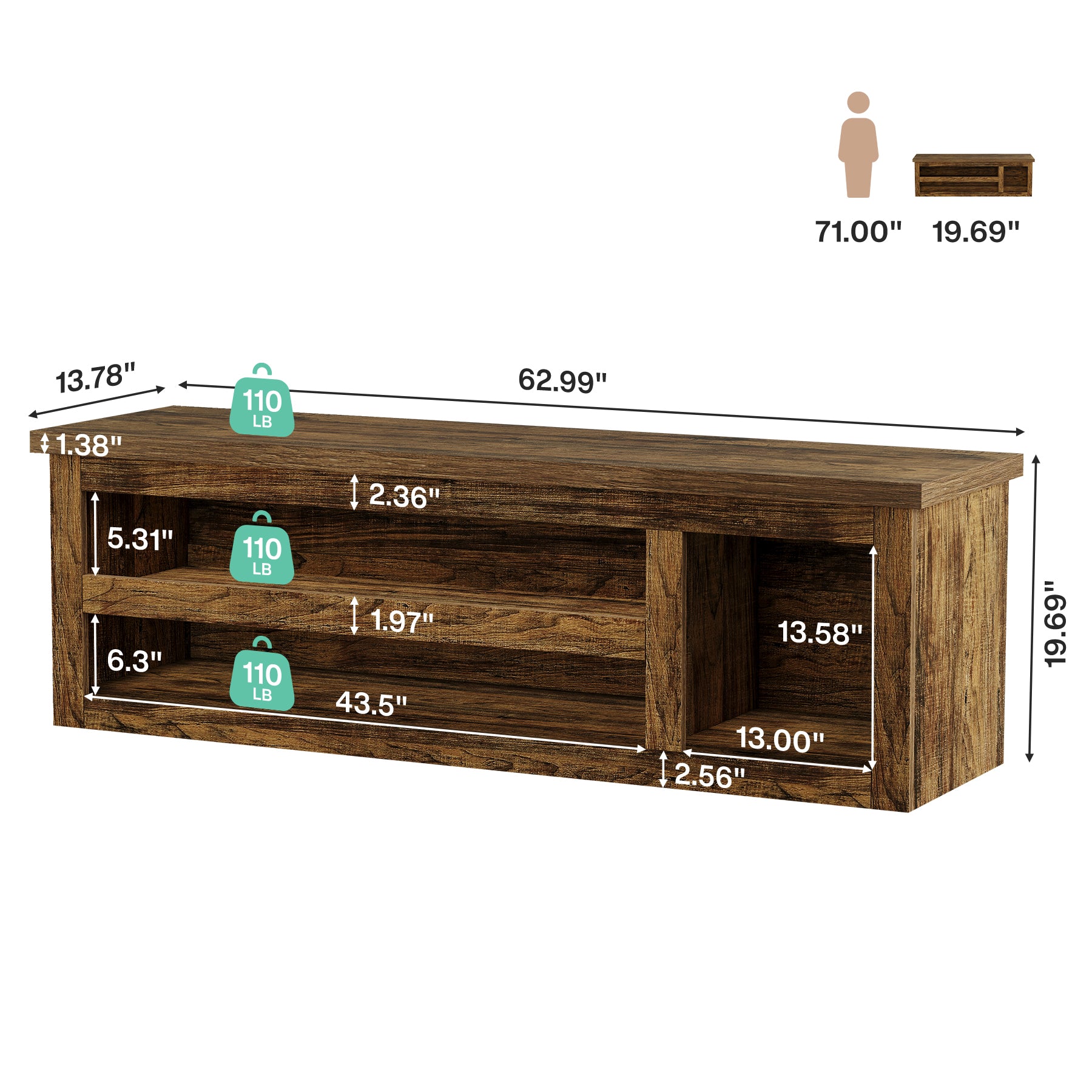 3-Tier Shoe Storage Bench,  63" Farmhouse Entryway Bench with Full Back Panel