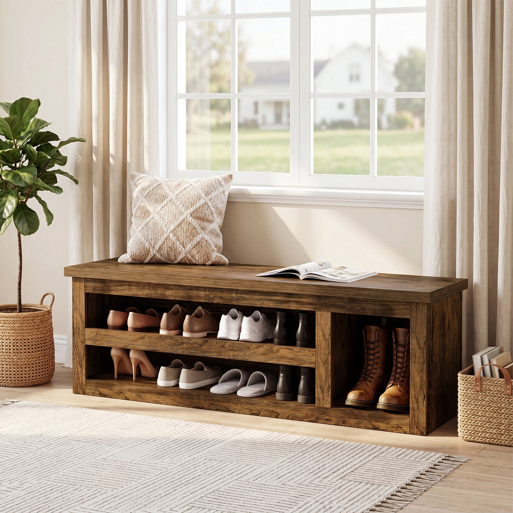 3-Tier Shoe Storage Bench,  63" Farmhouse Entryway Bench with Full Back Panel