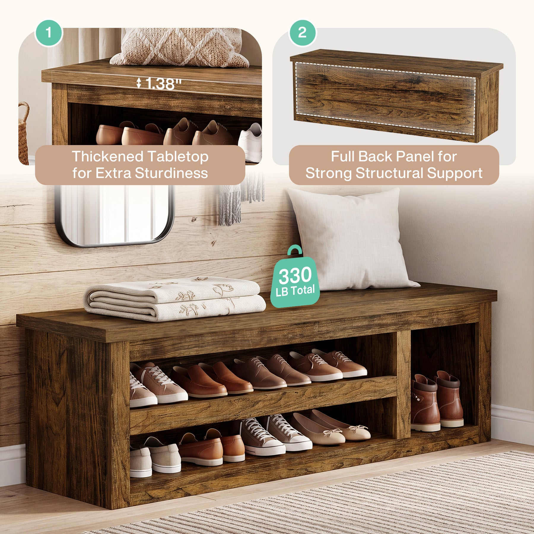 3-Tier Shoe Storage Bench,  63" Farmhouse Entryway Bench with Full Back Panel