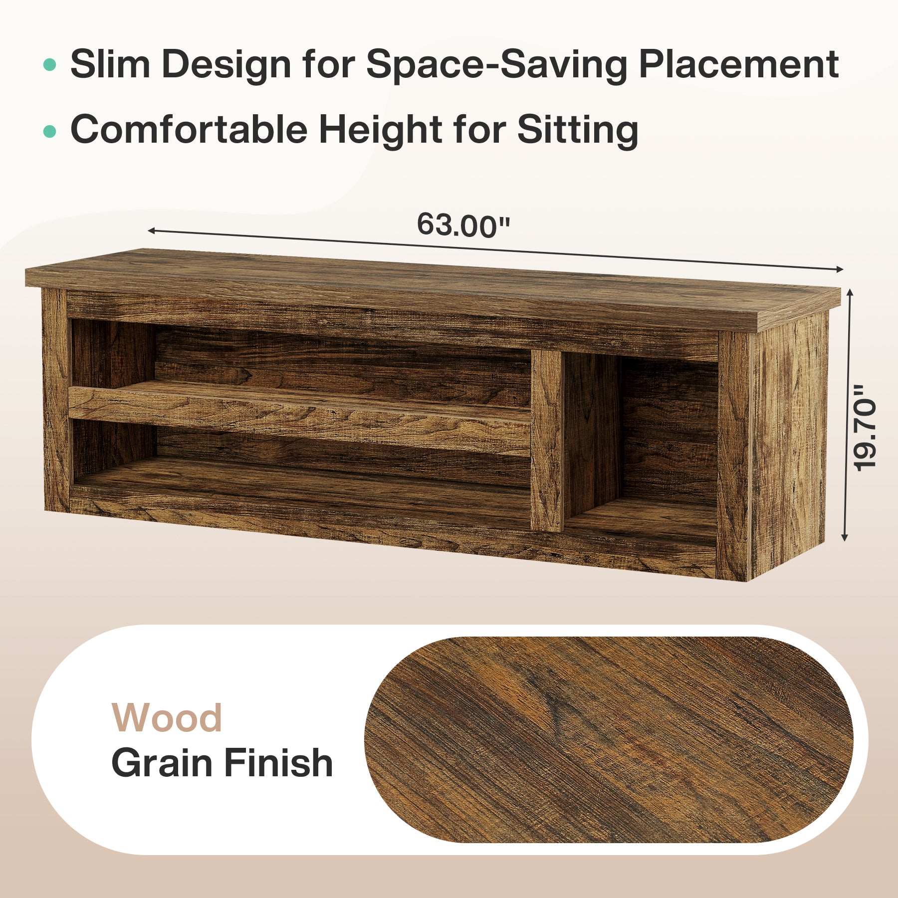 3-Tier Shoe Storage Bench,  63" Farmhouse Entryway Bench with Full Back Panel