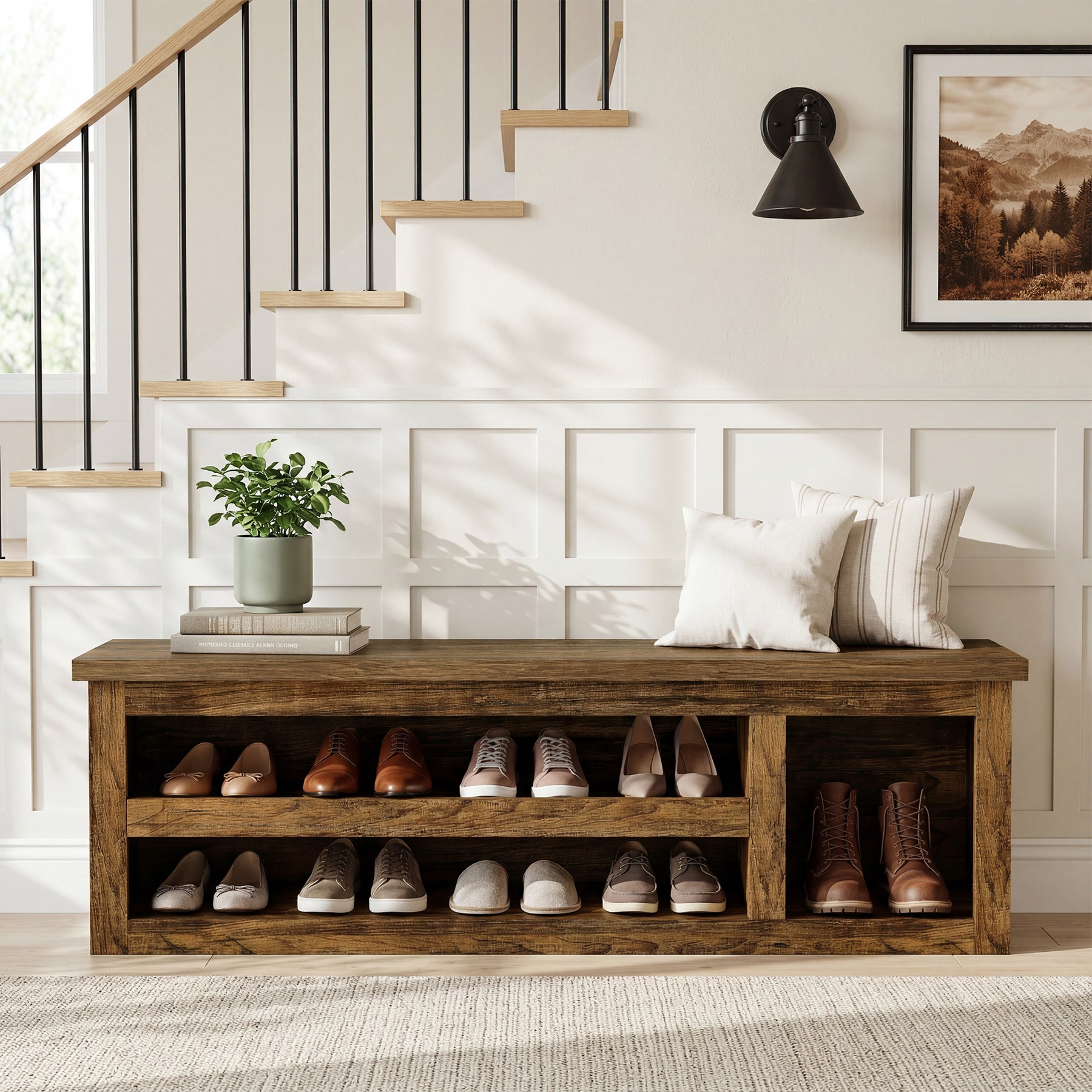 3-Tier Shoe Storage Bench,  63" Farmhouse Entryway Bench with Full Back Panel