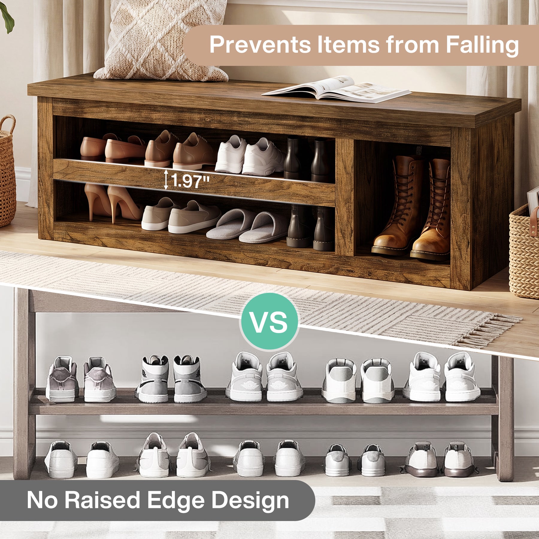 3-Tier Shoe Storage Bench,  63" Farmhouse Entryway Bench with Full Back Panel