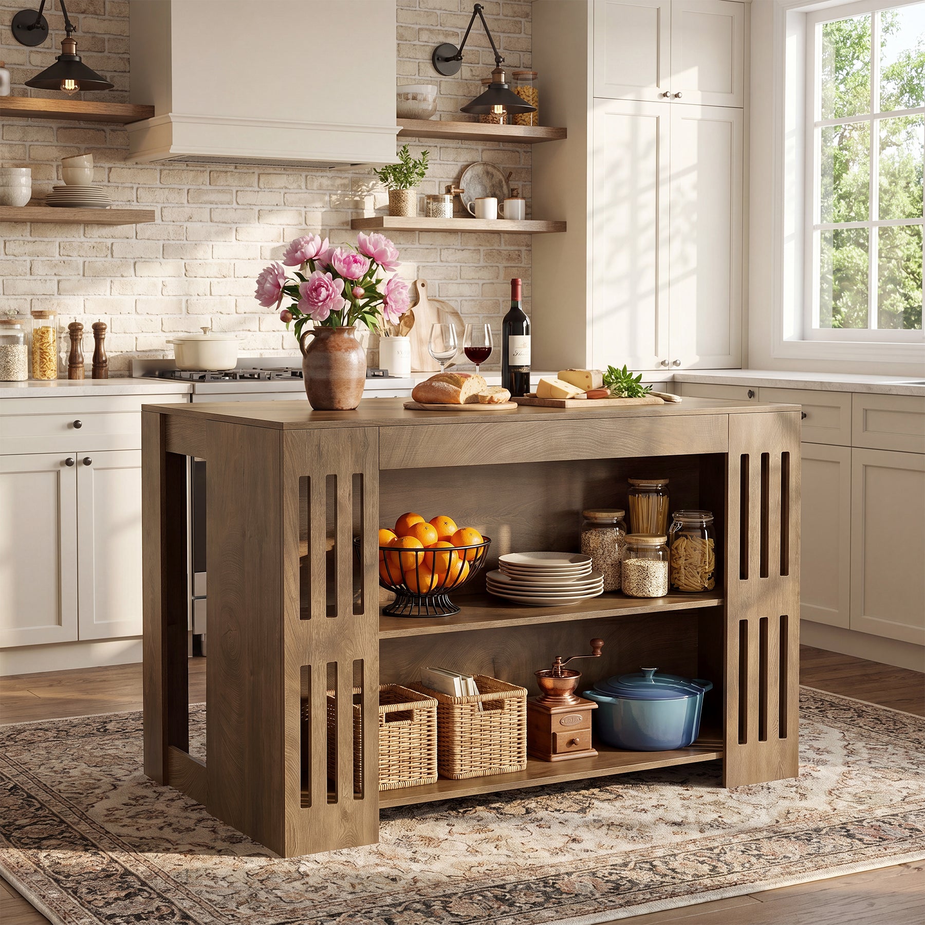 55" Kitchen Island, 3-Tier Farmhouse Stationary Center Island Table with Spacious Worktop
