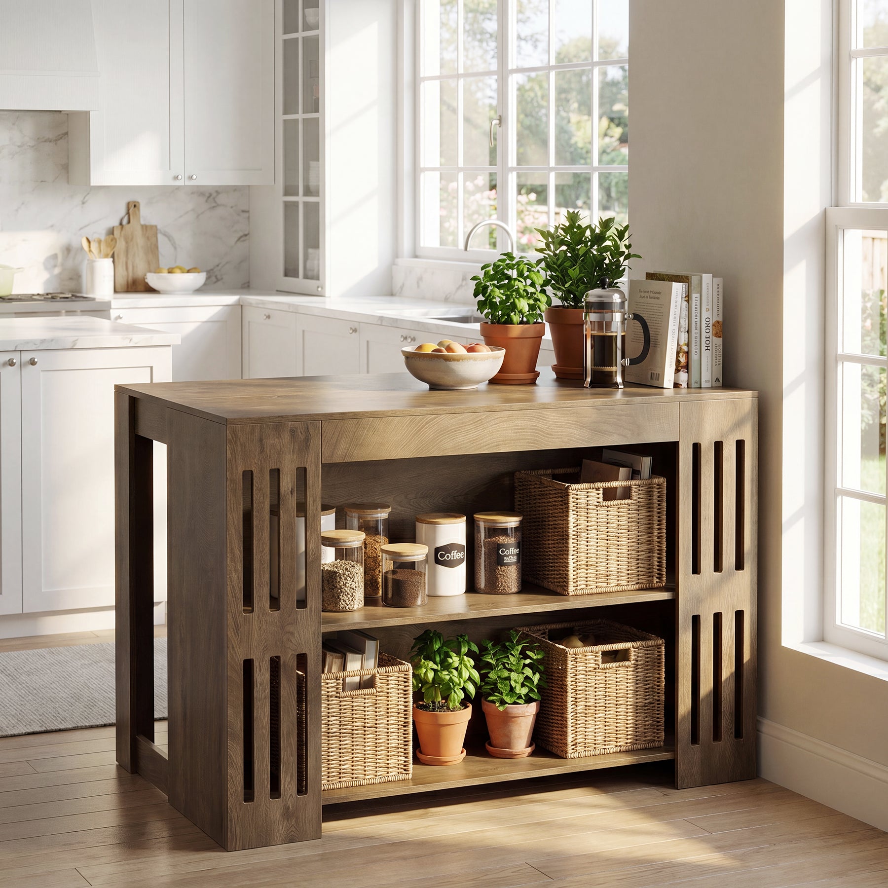 55" Kitchen Island, 3-Tier Farmhouse Stationary Center Island Table with Spacious Worktop