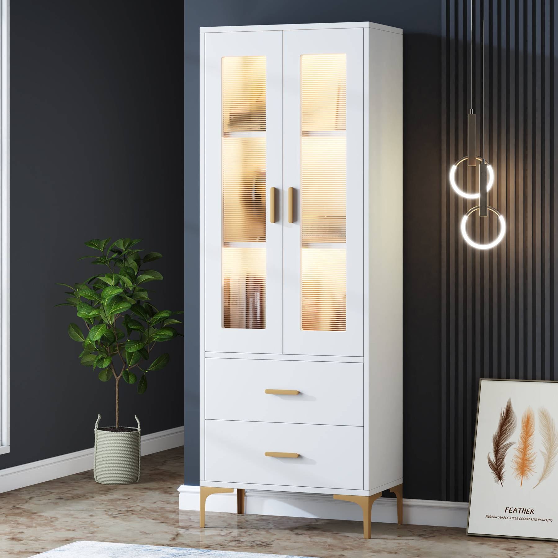 Tribesigns Bookcase with LED Light, Doors & 2 Drawers