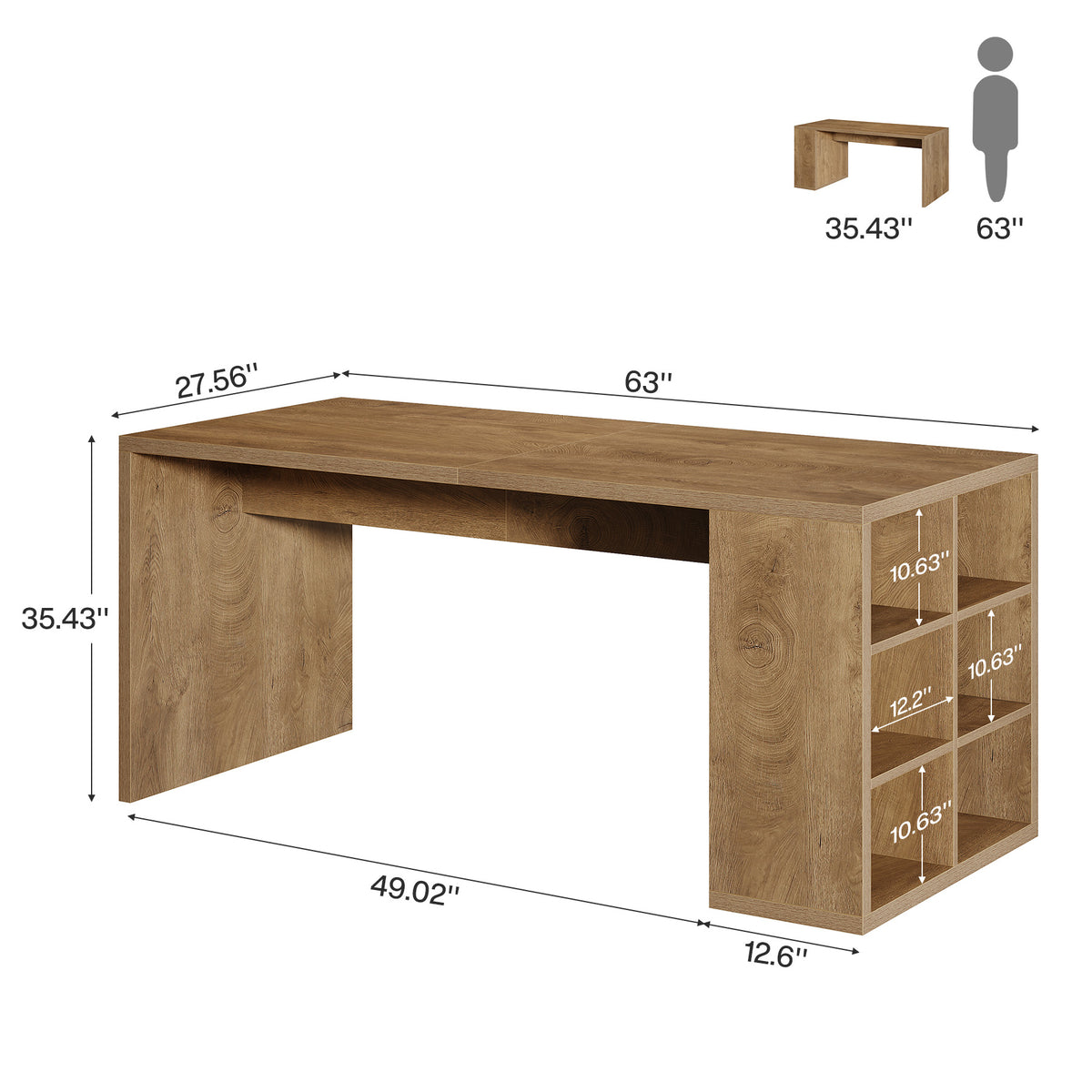 63" Kitchen Island, Rectangular Stationary Storage Island Table with Open-Sided Shelves