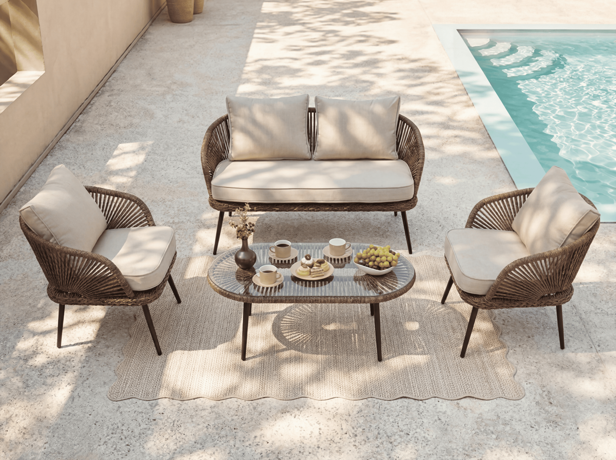4-Piece Rattan Outdoor Patio Furniture Set with Removable Cushions and Coffee Table