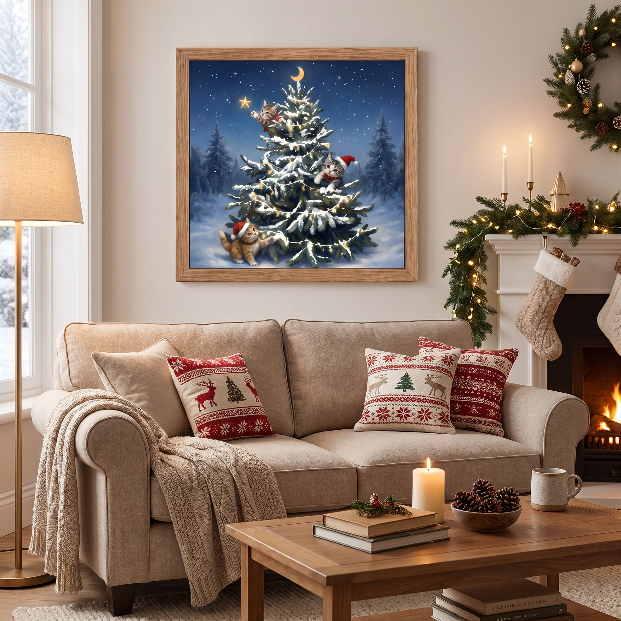 24x24 Inch Christmas Tree Wall Art, Large Framed Canvas with Crystal Coating, Modern Living Room