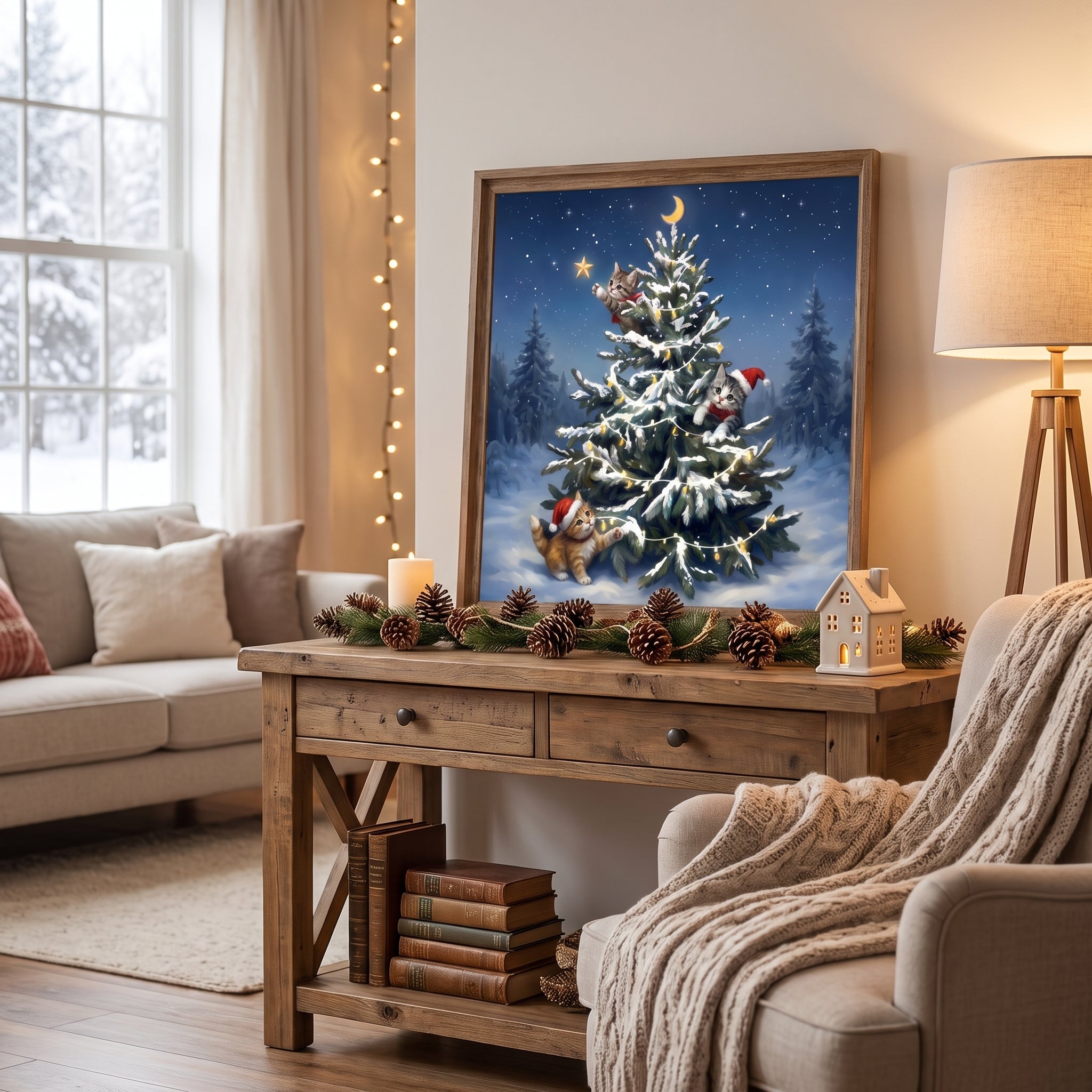 24x24 Inch Christmas Tree Wall Art, Large Framed Canvas with Crystal Coating, Modern Living Room