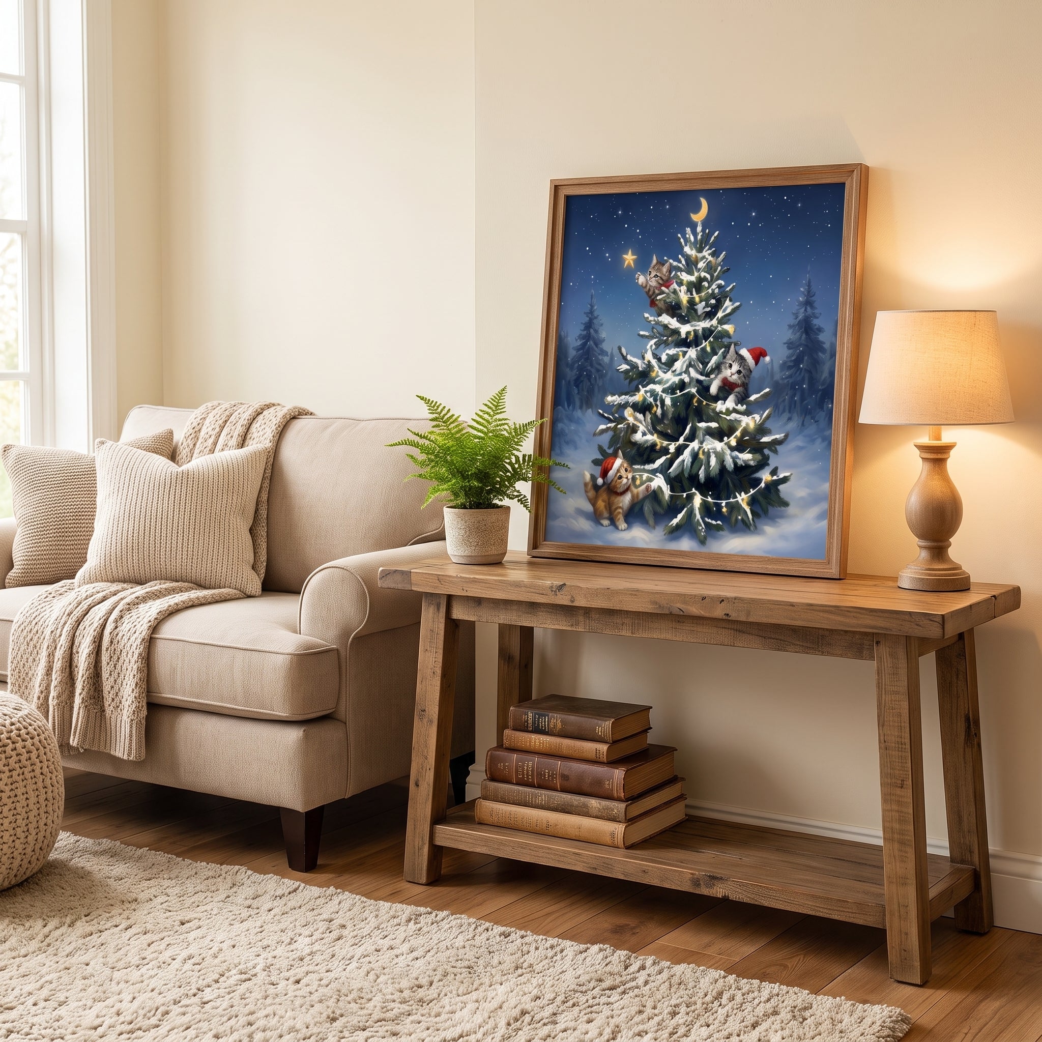 24x24 Inch Christmas Tree Wall Art, Large Framed Canvas with Crystal Coating, Modern Living Room