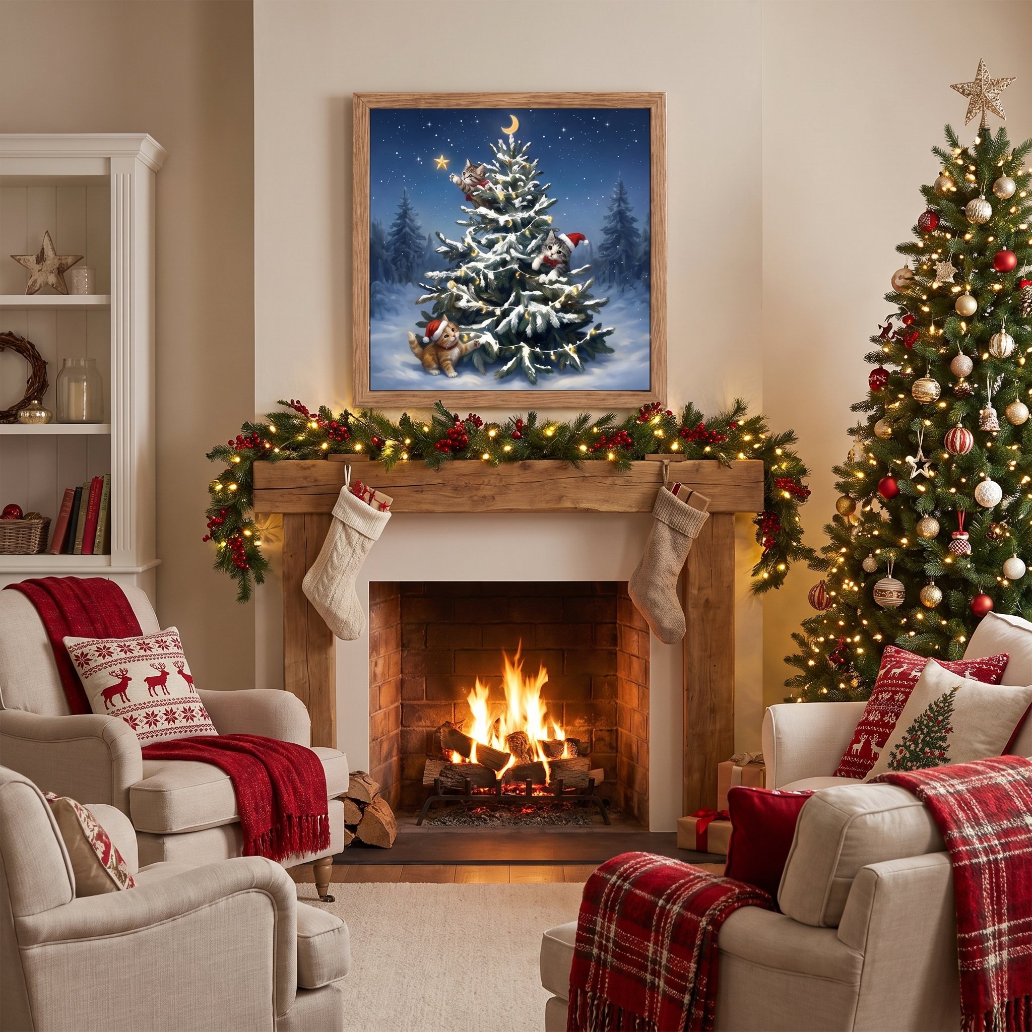24x24 Inch Christmas Tree Wall Art, Large Framed Canvas with Crystal Coating, Modern Living Room