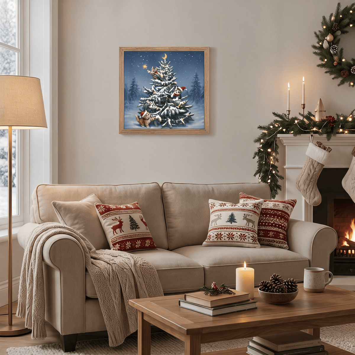24x24 Inch Christmas Tree Wall Art, Large Framed Canvas with Crystal Coating, Modern Living Room