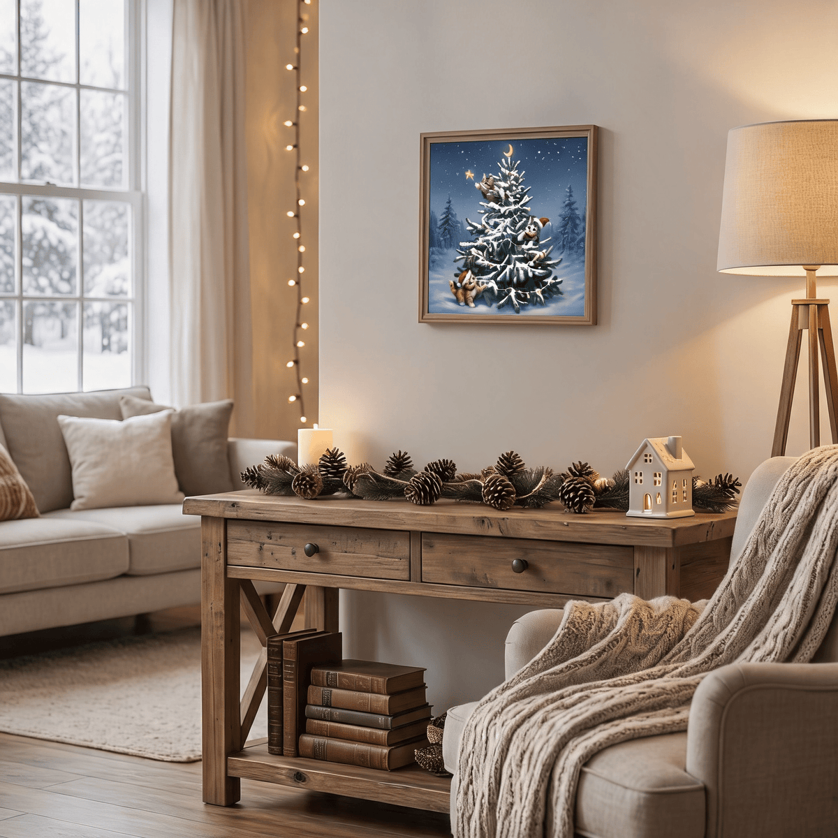 24x24 Inch Christmas Tree Wall Art, Large Framed Canvas with Crystal Coating, Modern Living Room
