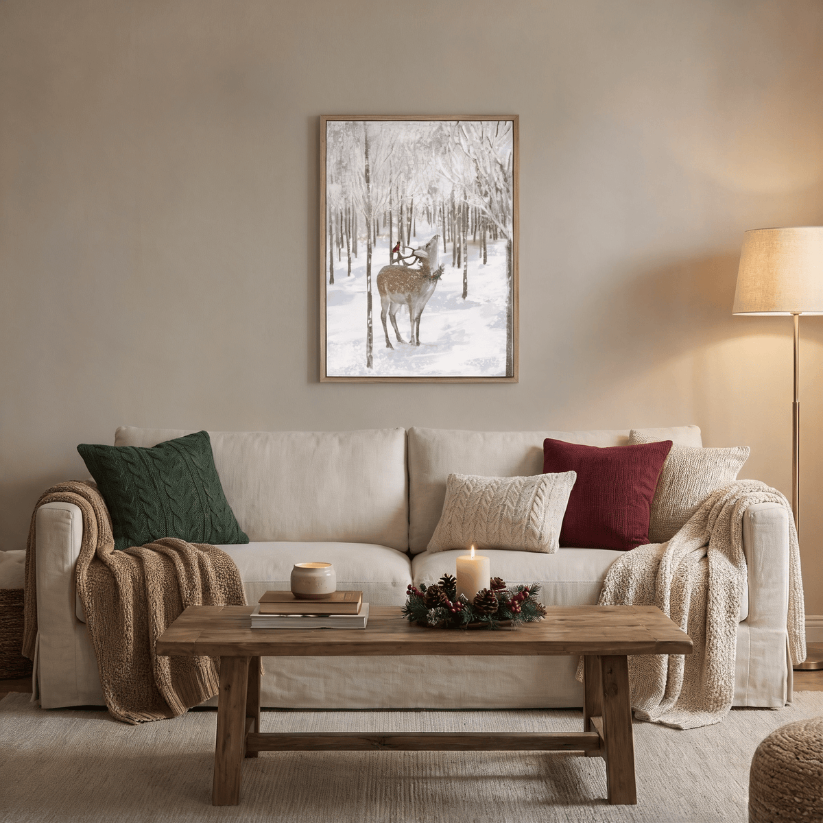28x20 Christmas Deer Wall Art, Hand-Painted Farmhouse Winter Forest Canvas