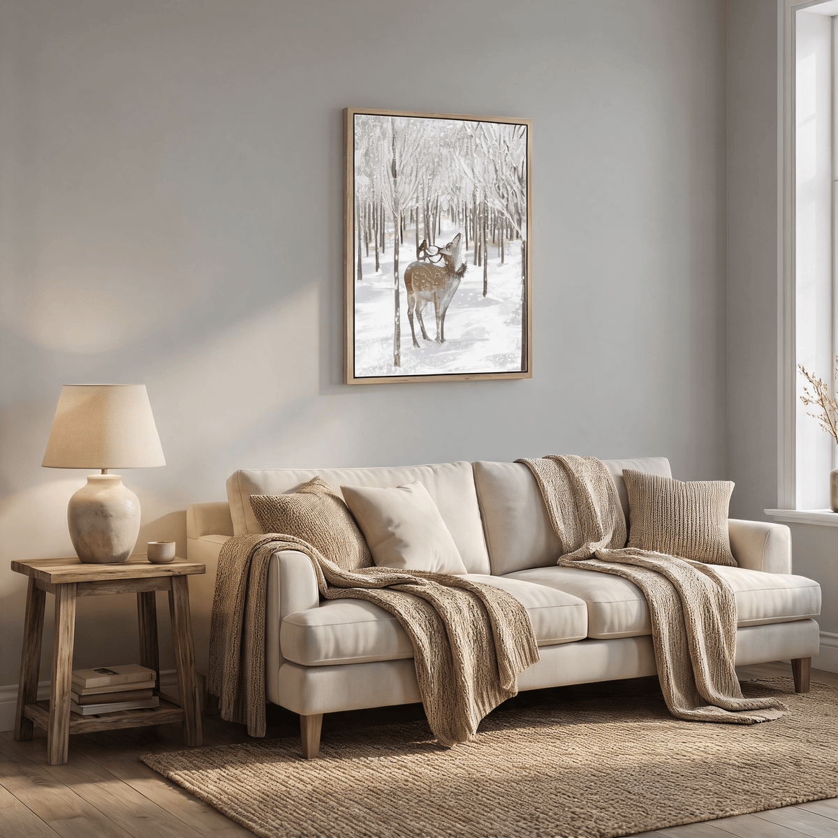 28x20 Christmas Deer Wall Art, Hand-Painted Farmhouse Winter Forest Canvas